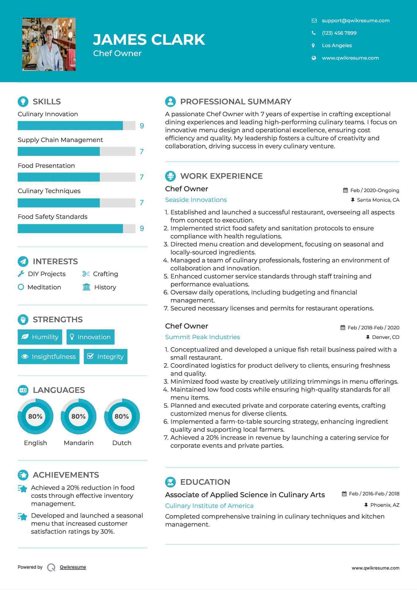 Chef Owner Resume Sample