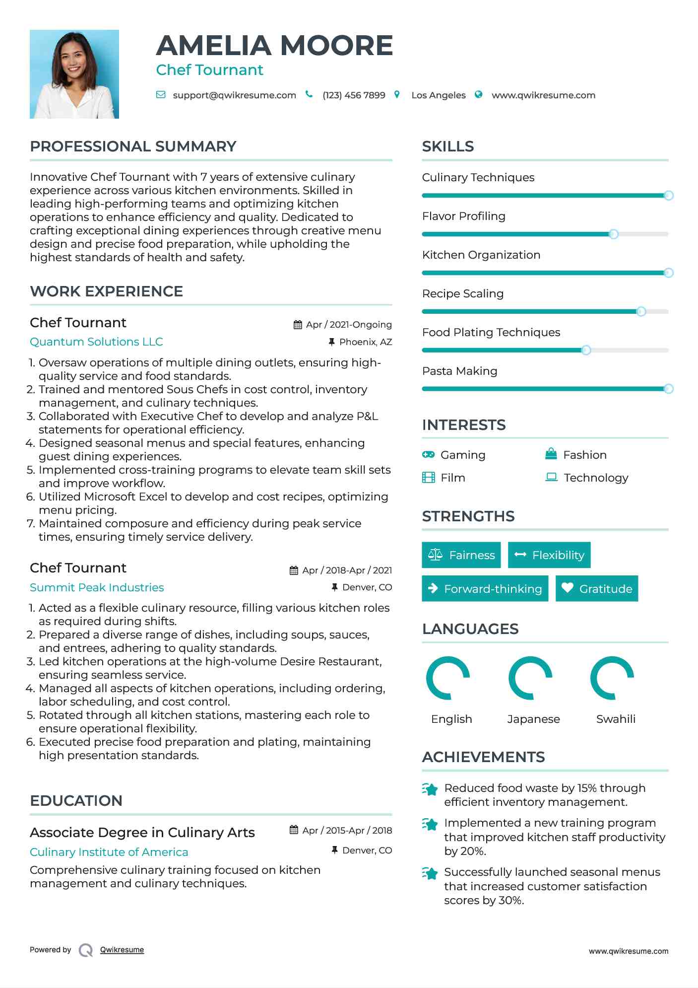 Chef Tournant Resume Model