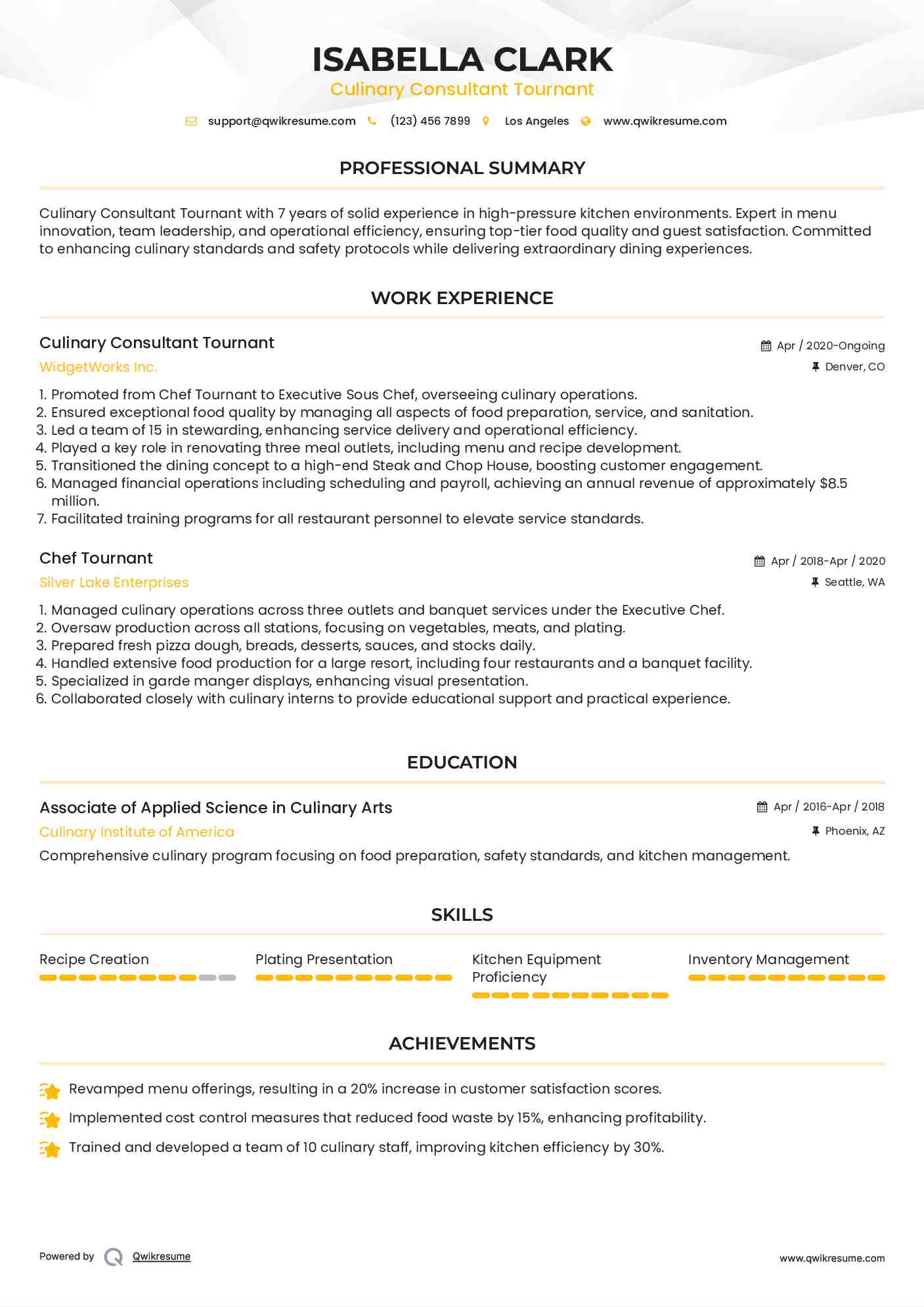 Culinary Consultant Tournant Resume Example