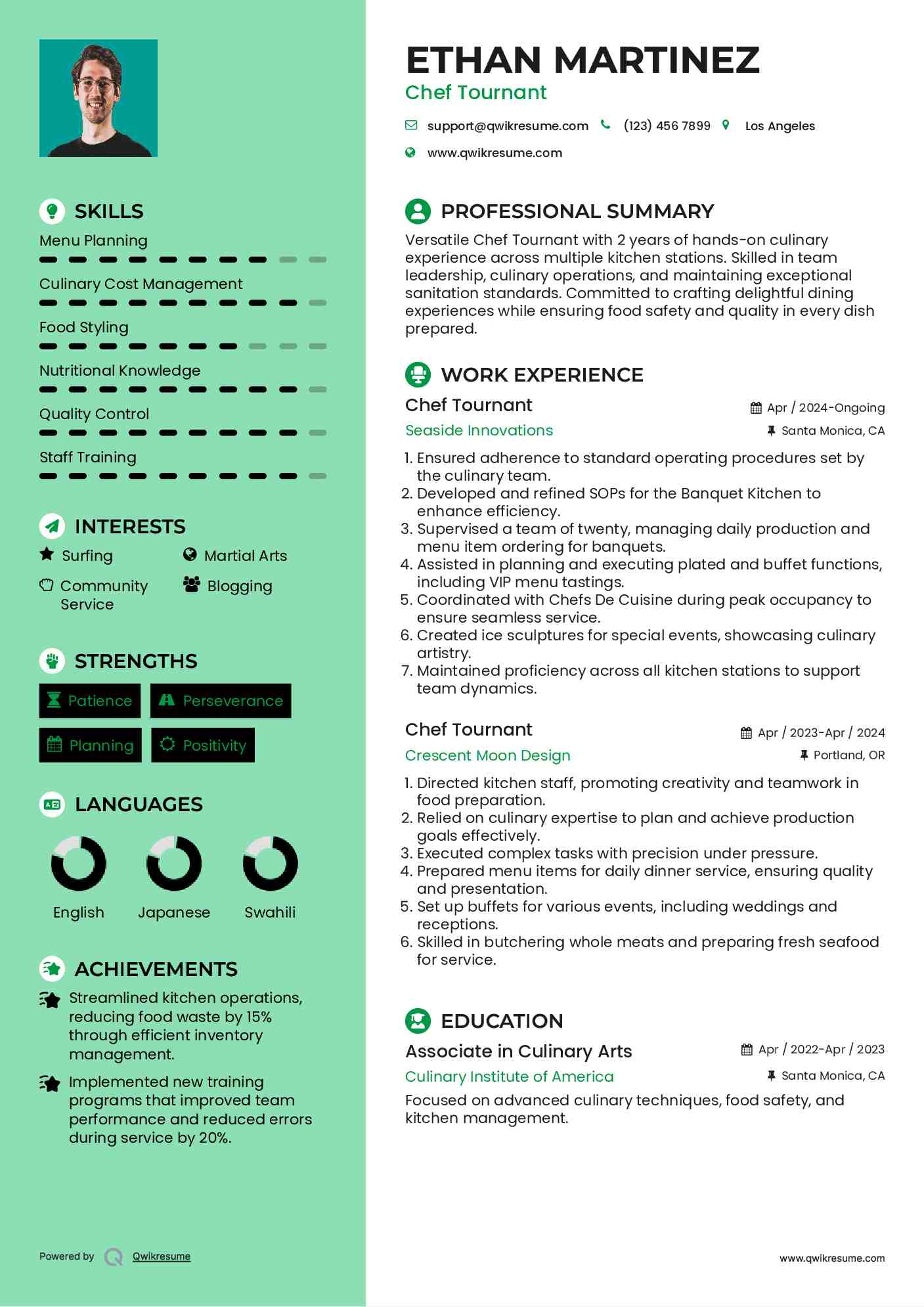 Chef Tournant Resume Format