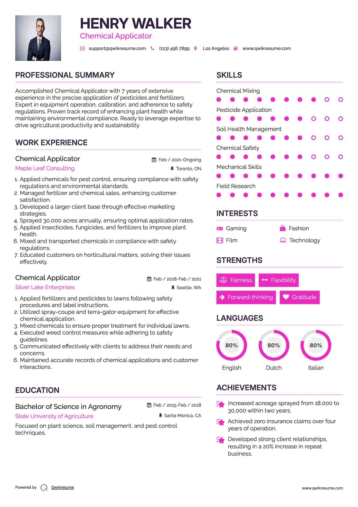 Chemical Applicator Resume Sample