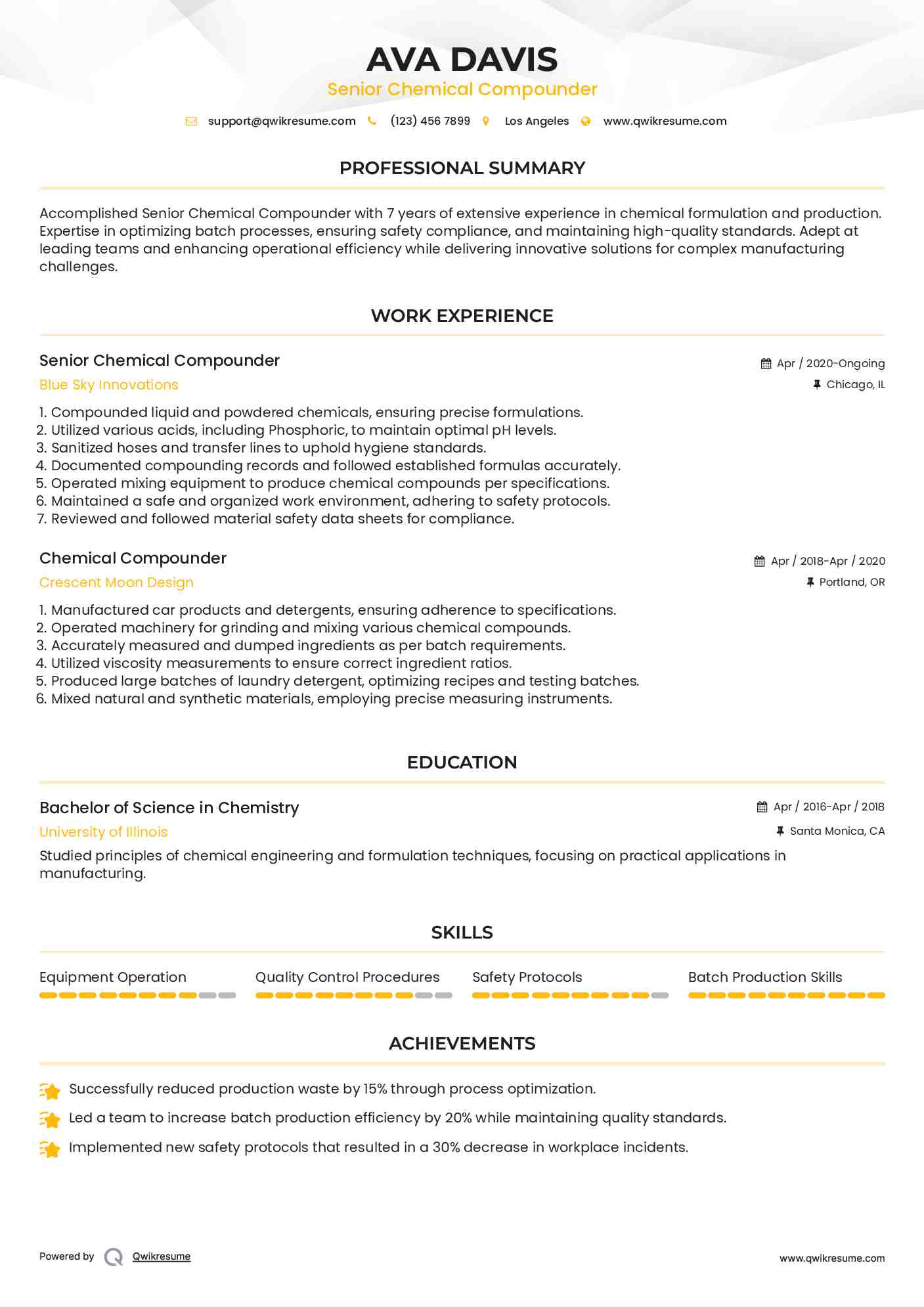 Senior Chemical Compounder  Resume Model