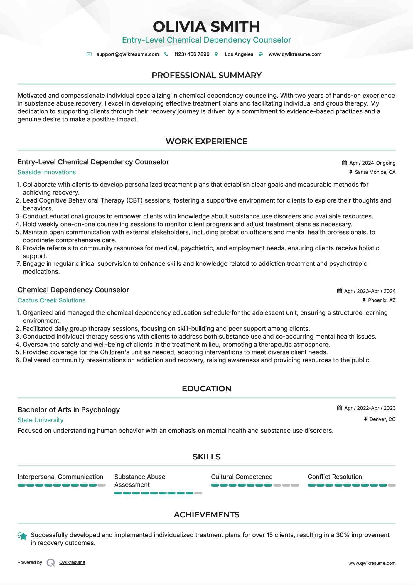 Entry-Level Chemical Dependency Counselor Resume Sample