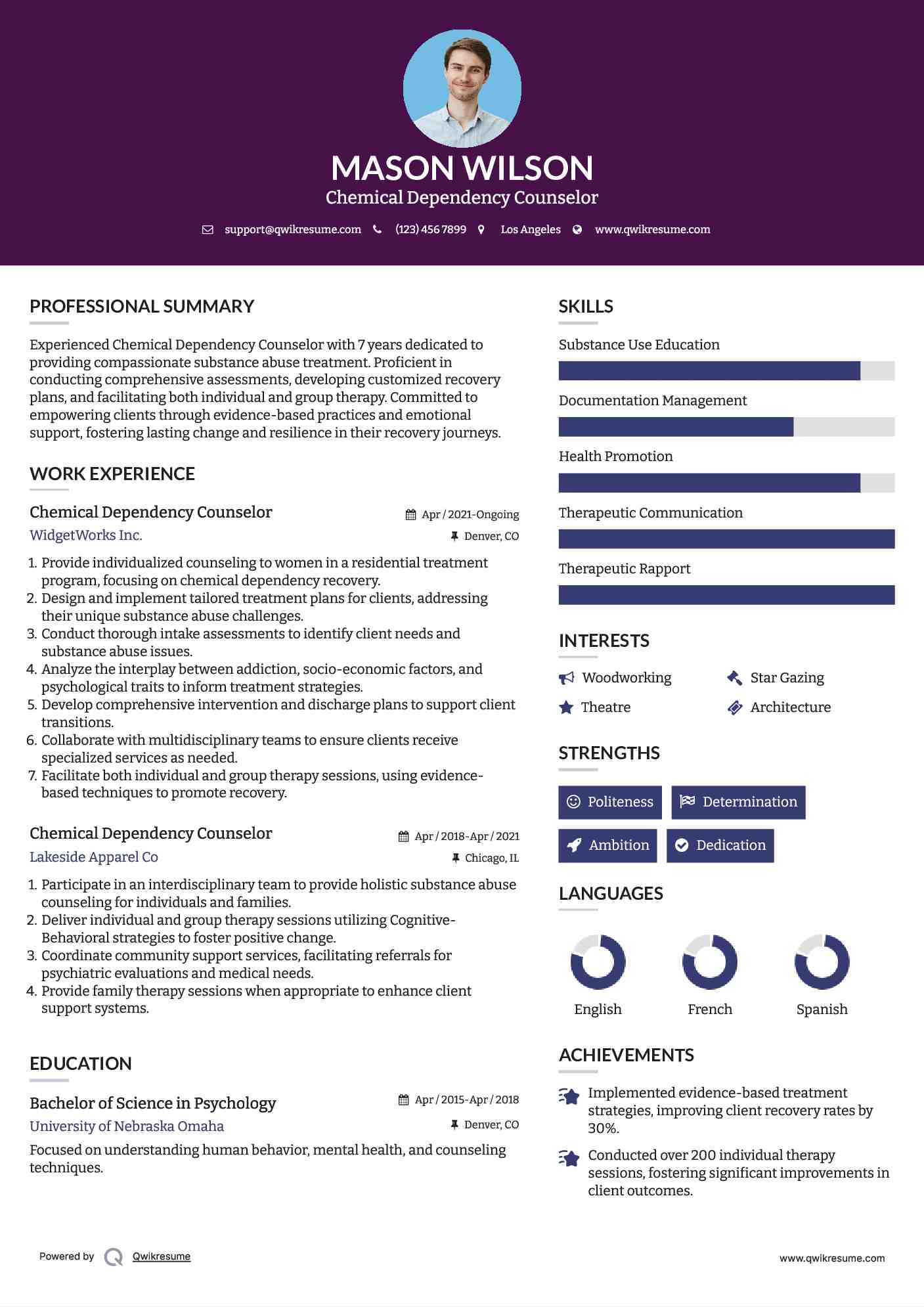 Chemical Dependency Counselor Resume Sample