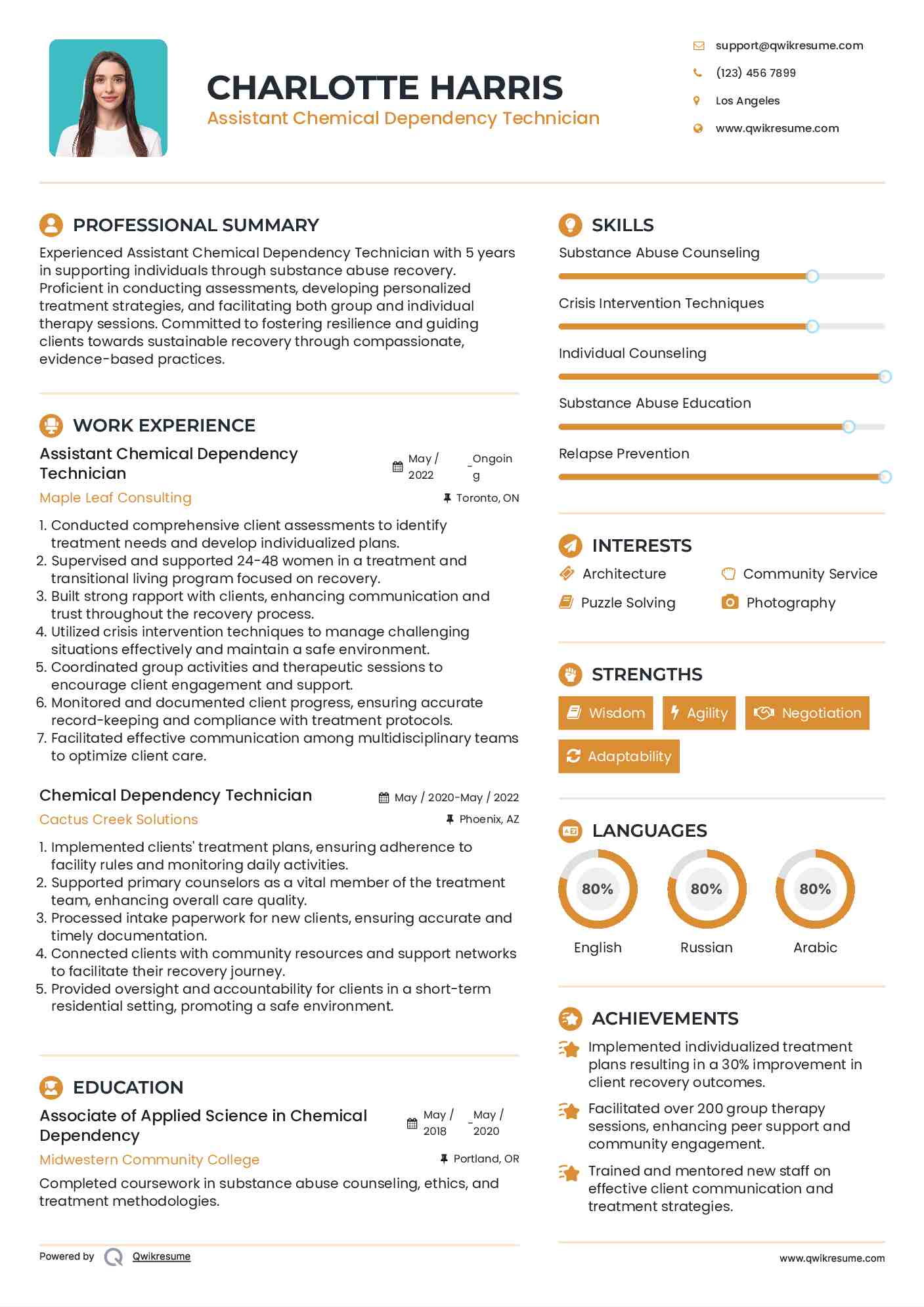 Assistant Chemical Dependency Technician Resume Example