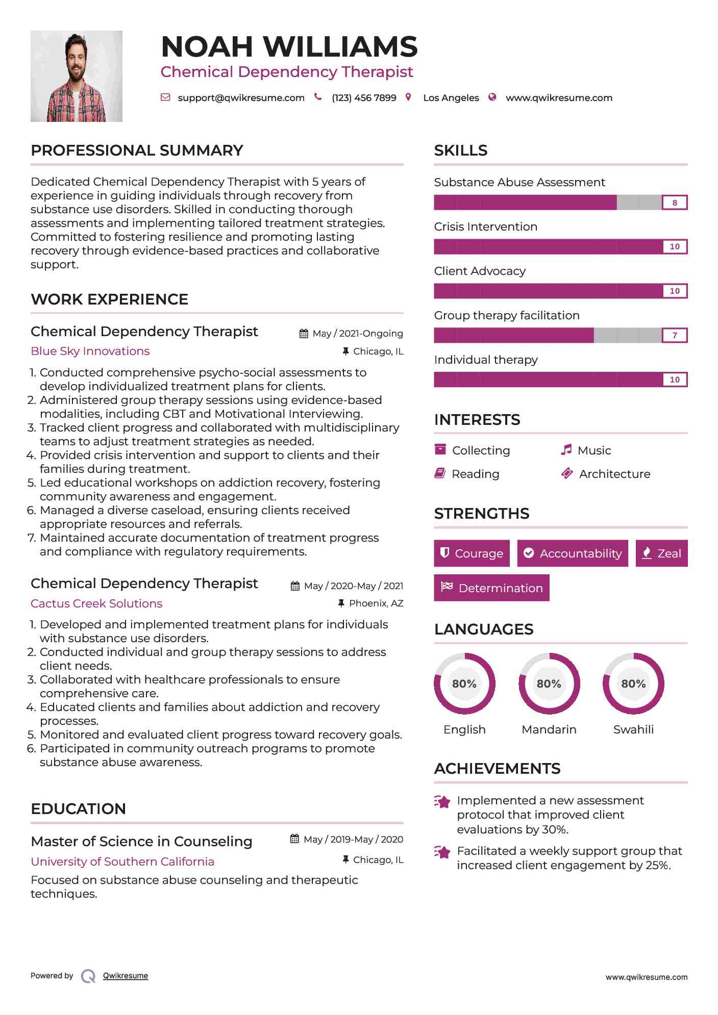 Chemical Dependency Therapist Resume Sample