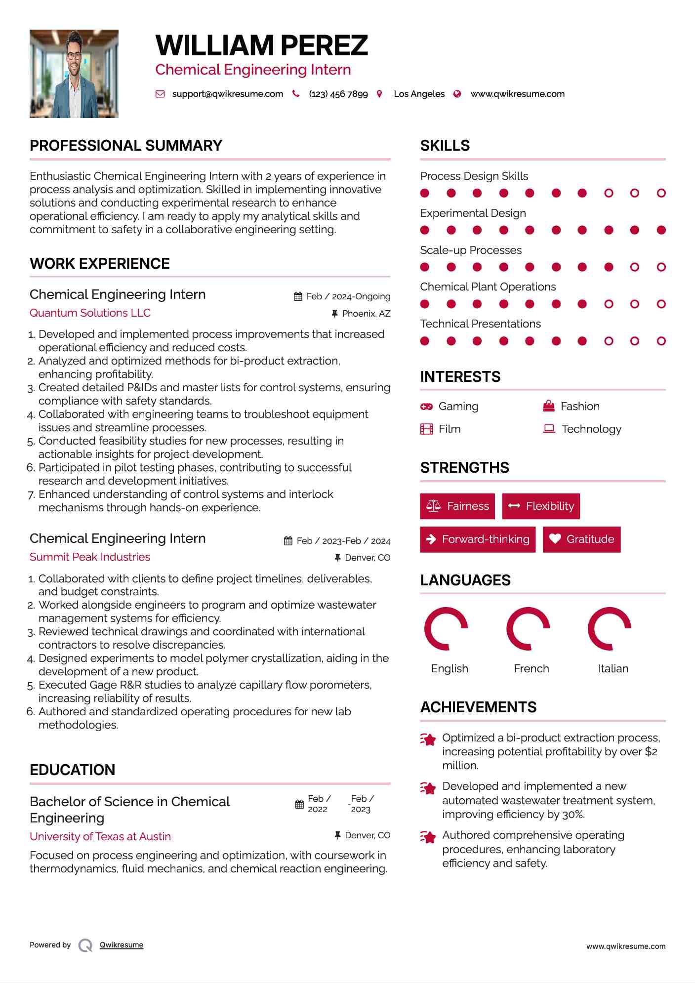 Chemical Engineering Intern Resume Model