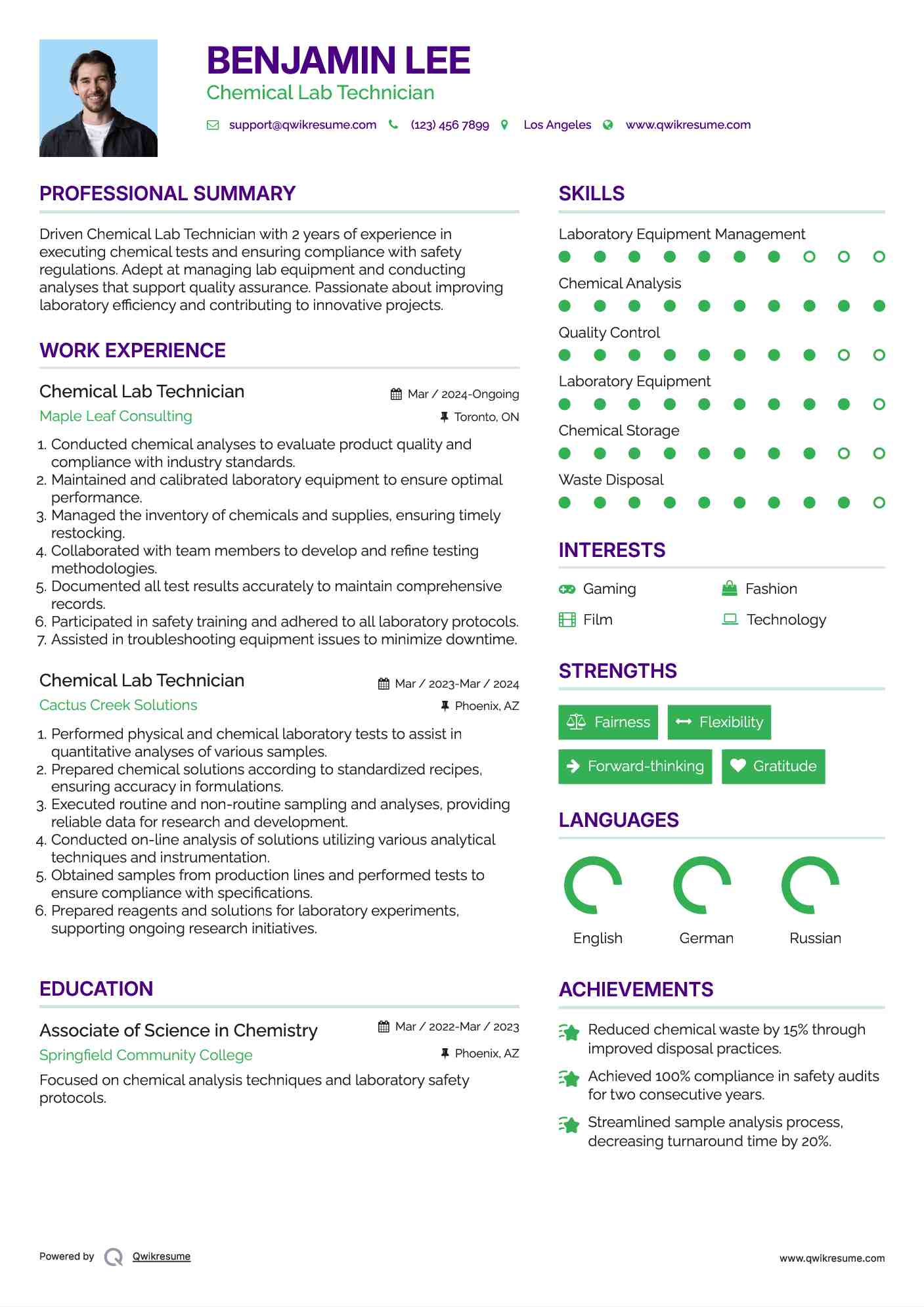 Chemical Lab Technician Resume Samples QwikResume