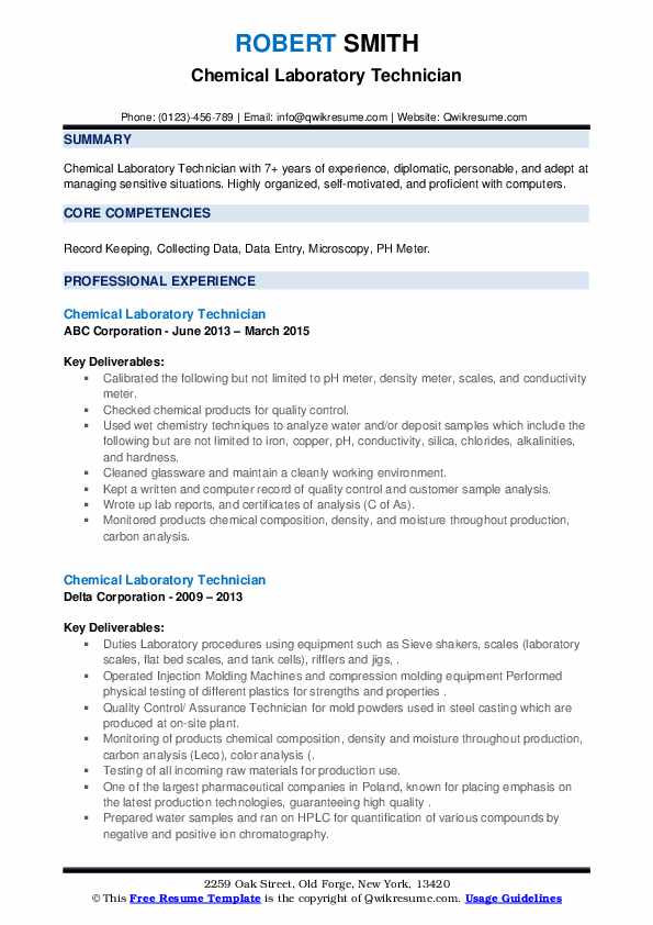 Chemical Laboratory Technician Resume Samples QwikResume