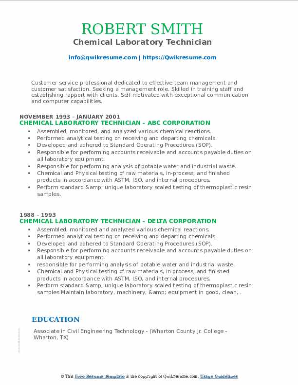Chemical Laboratory Technician Resume Samples | QwikResume