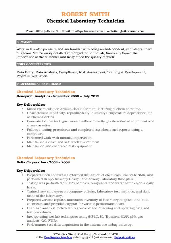 Chemical Laboratory Technician Resume Samples QwikResume