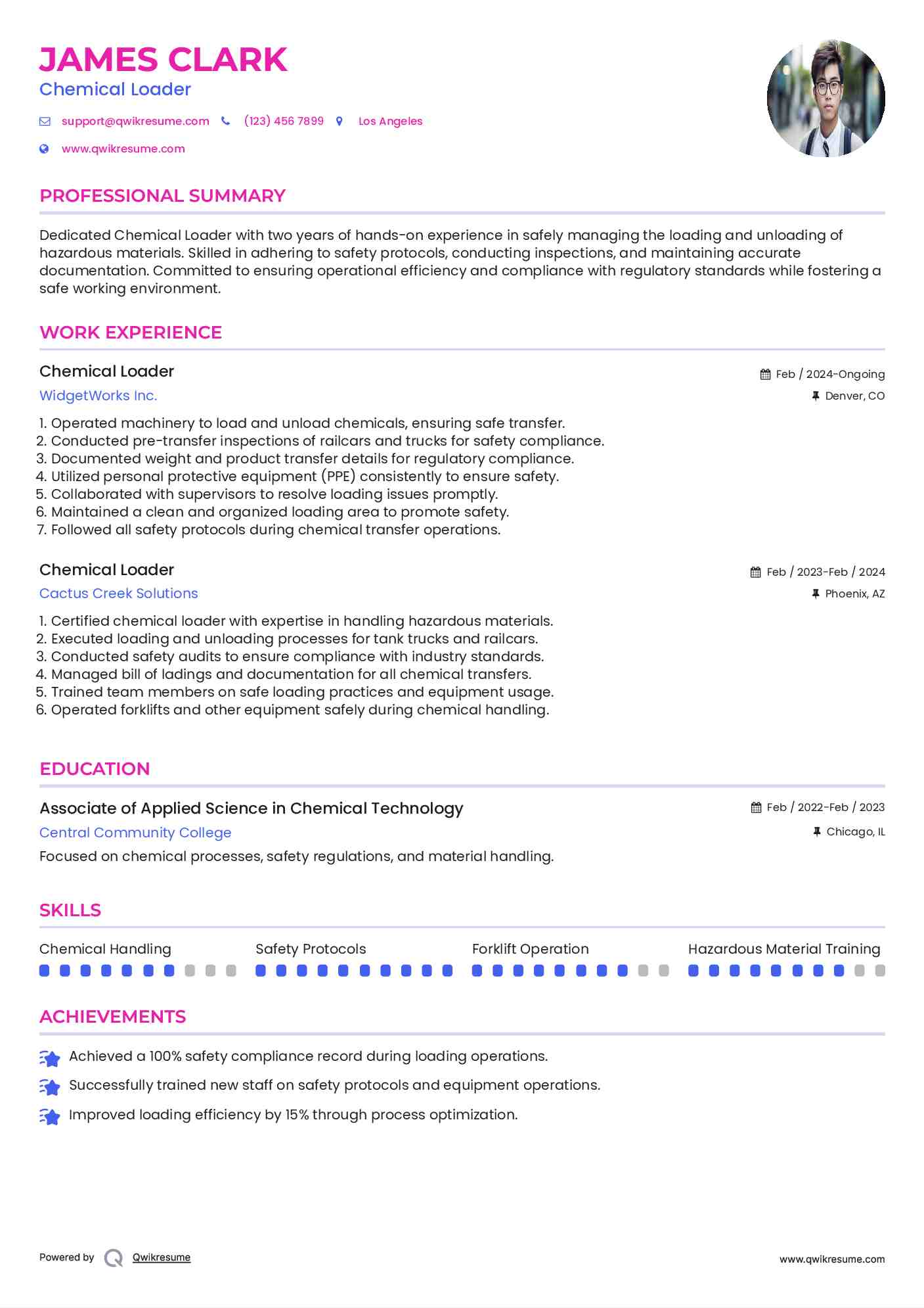 Chemical Loader Resume Example