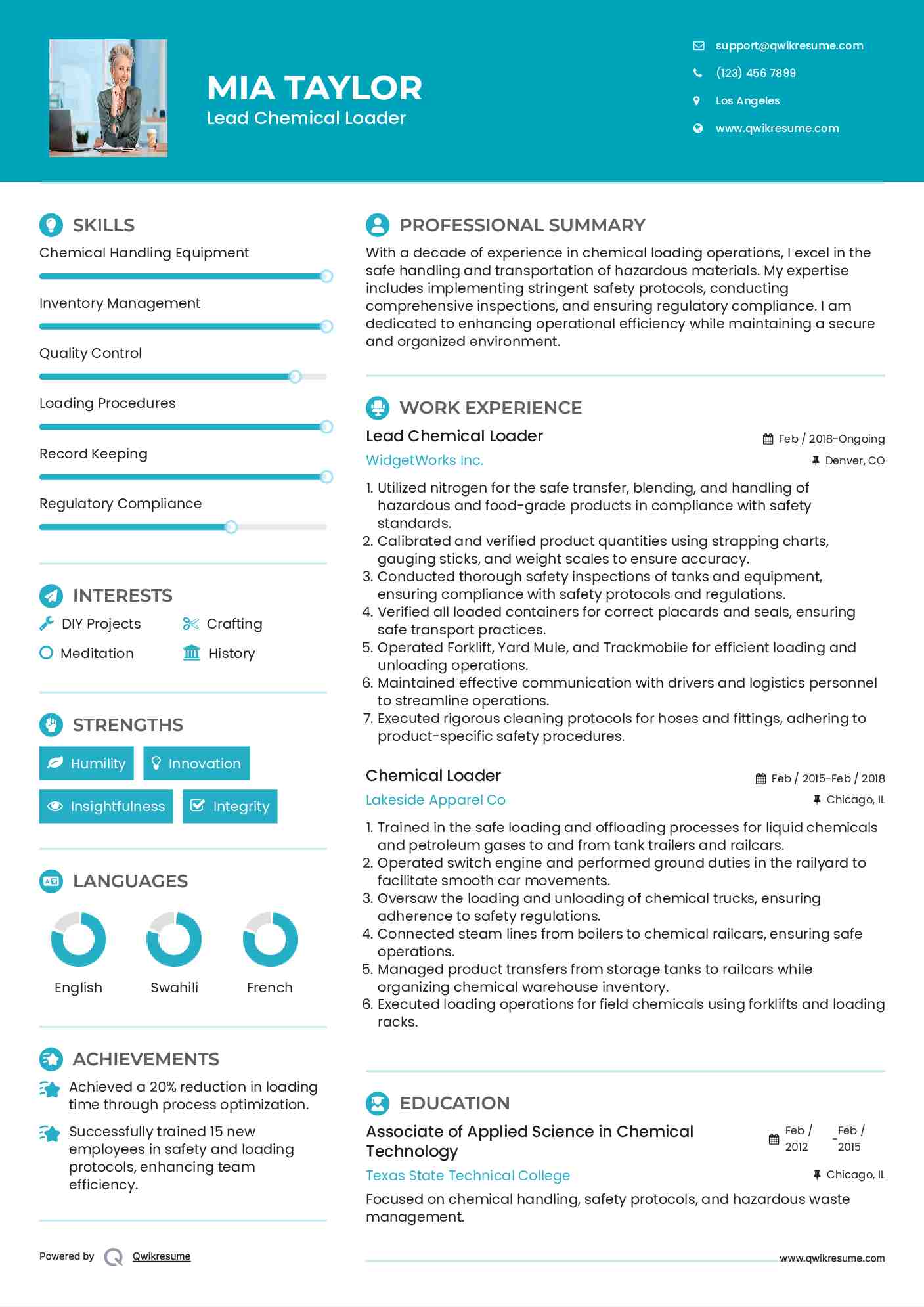 Lead Chemical Loader Resume Template