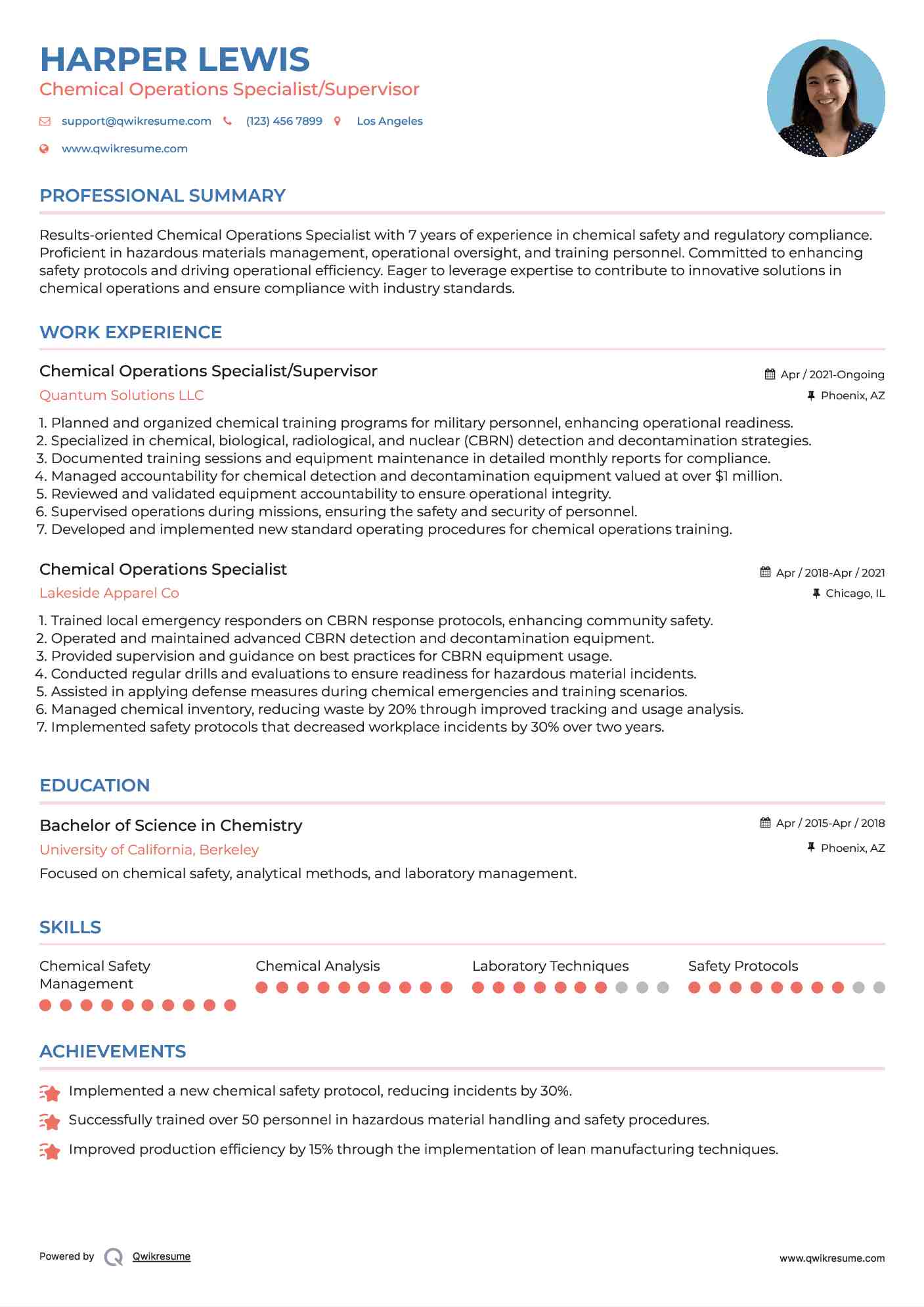 Chemical Operations Specialist/Supervisor Resume Example