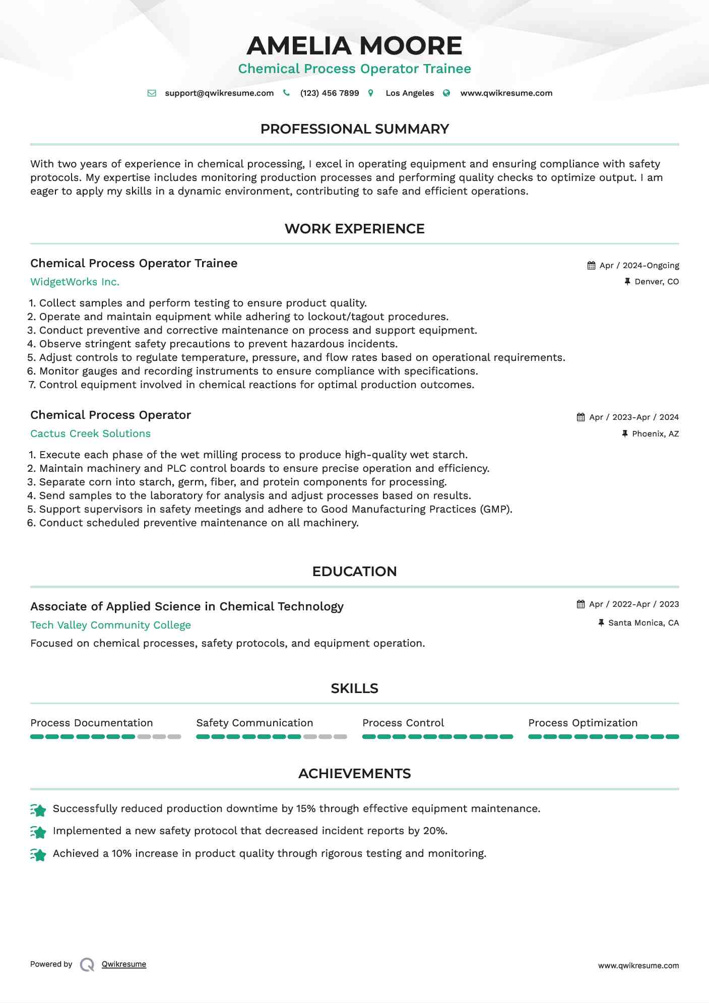 Chemical Process Operator Trainee Resume Sample