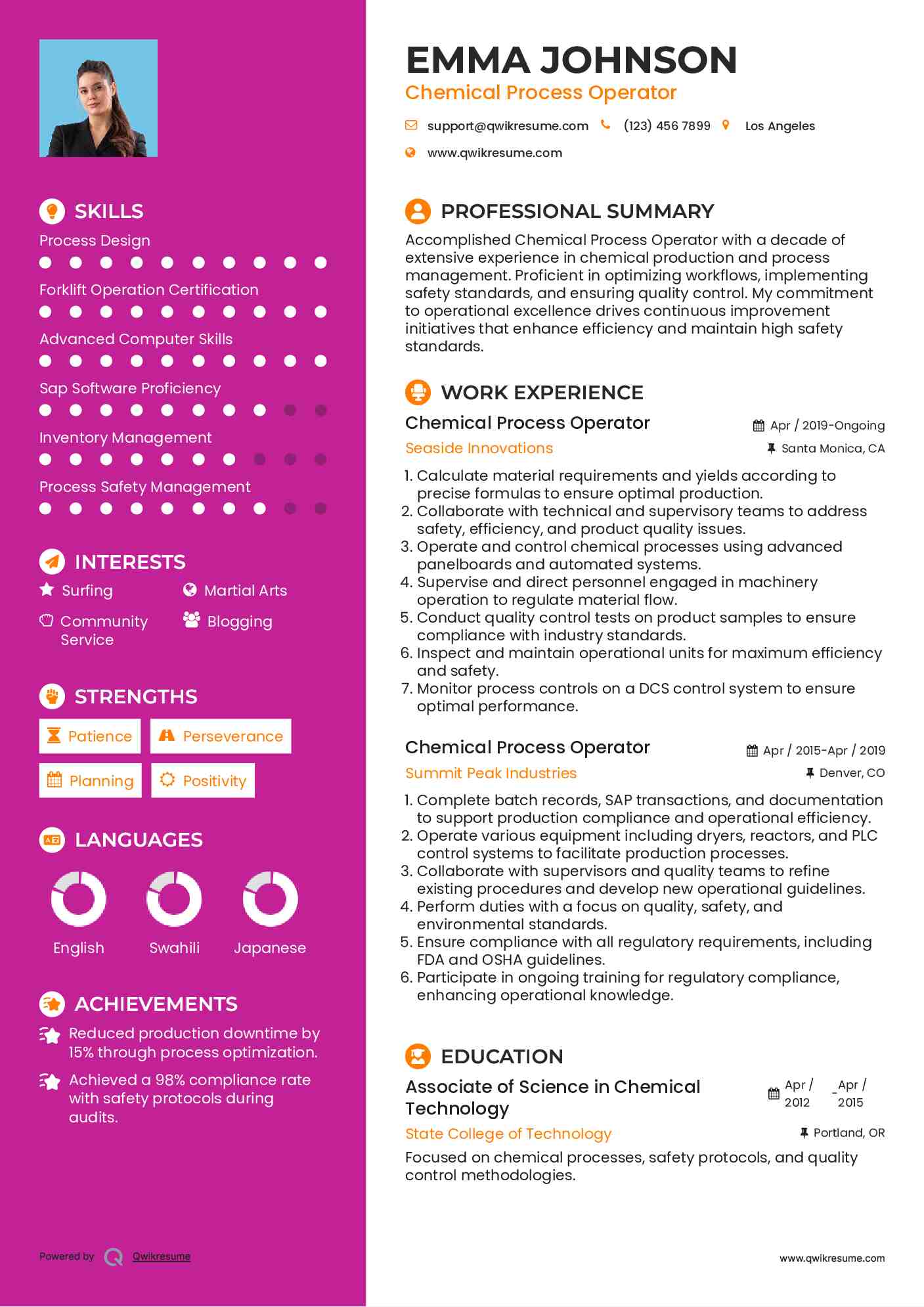 Chemical Process Operator Resume Samples QwikResume