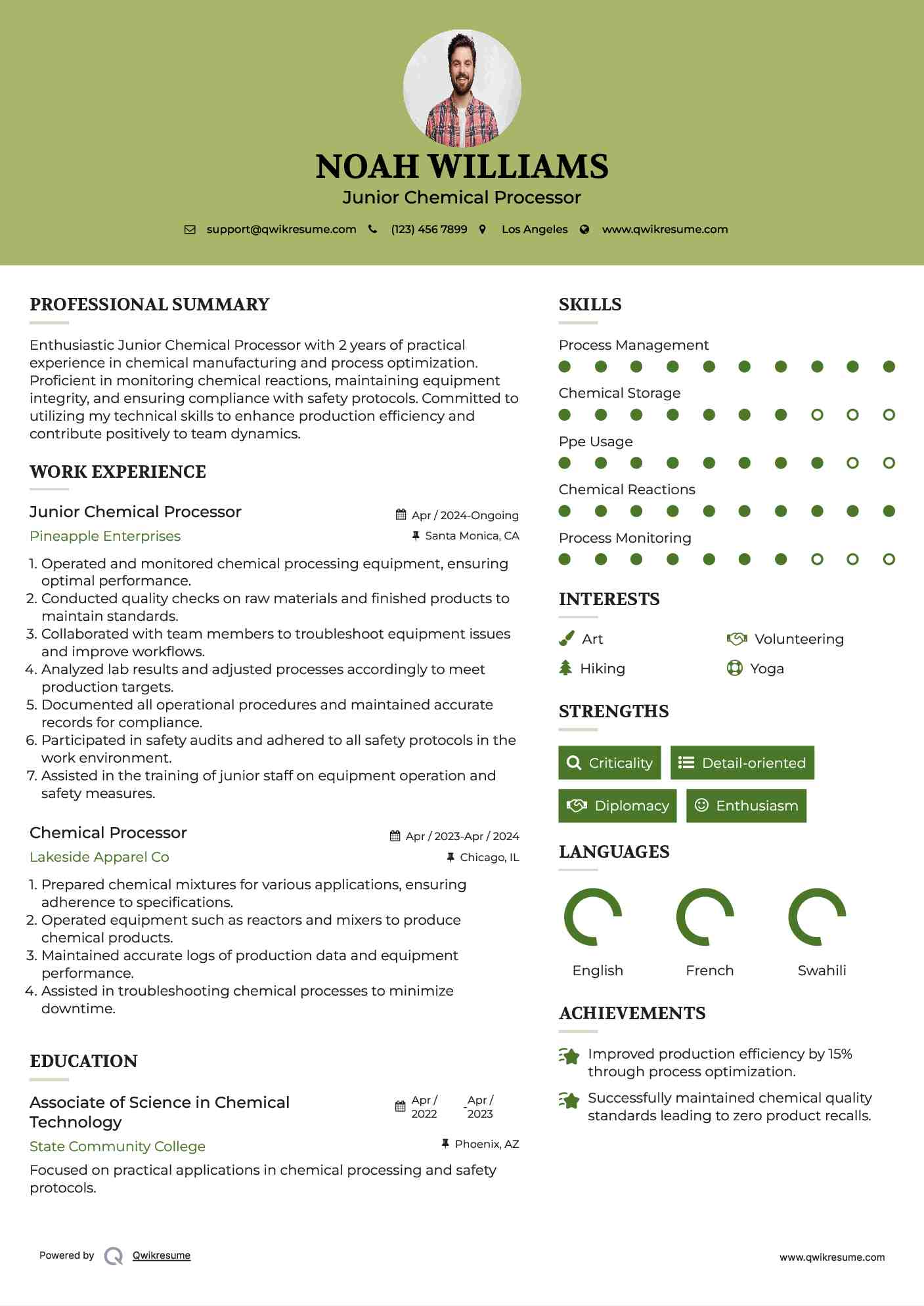Junior Chemical Processor Resume Format