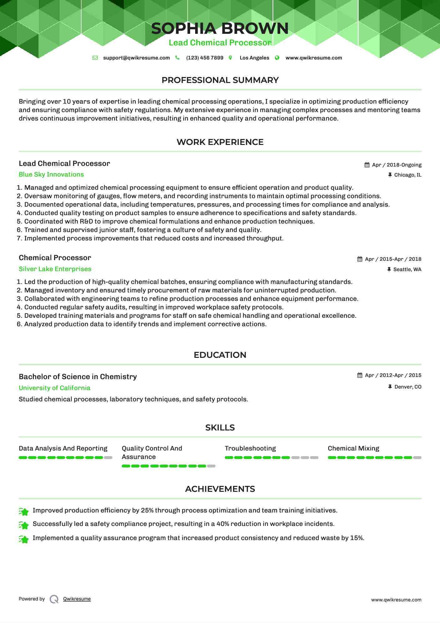 Lead Chemical Processor Resume Template