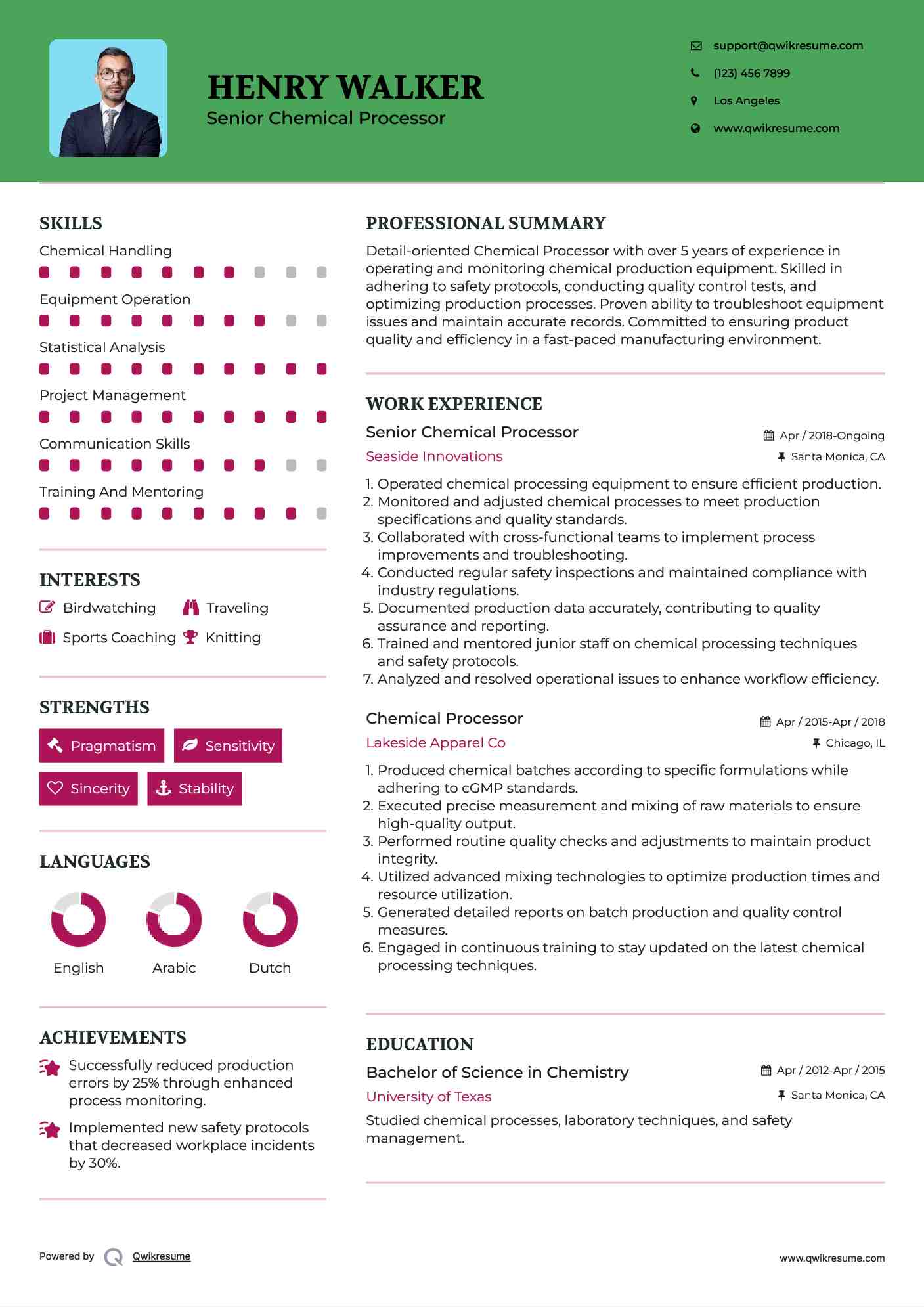 Senior Chemical Processor Resume Example