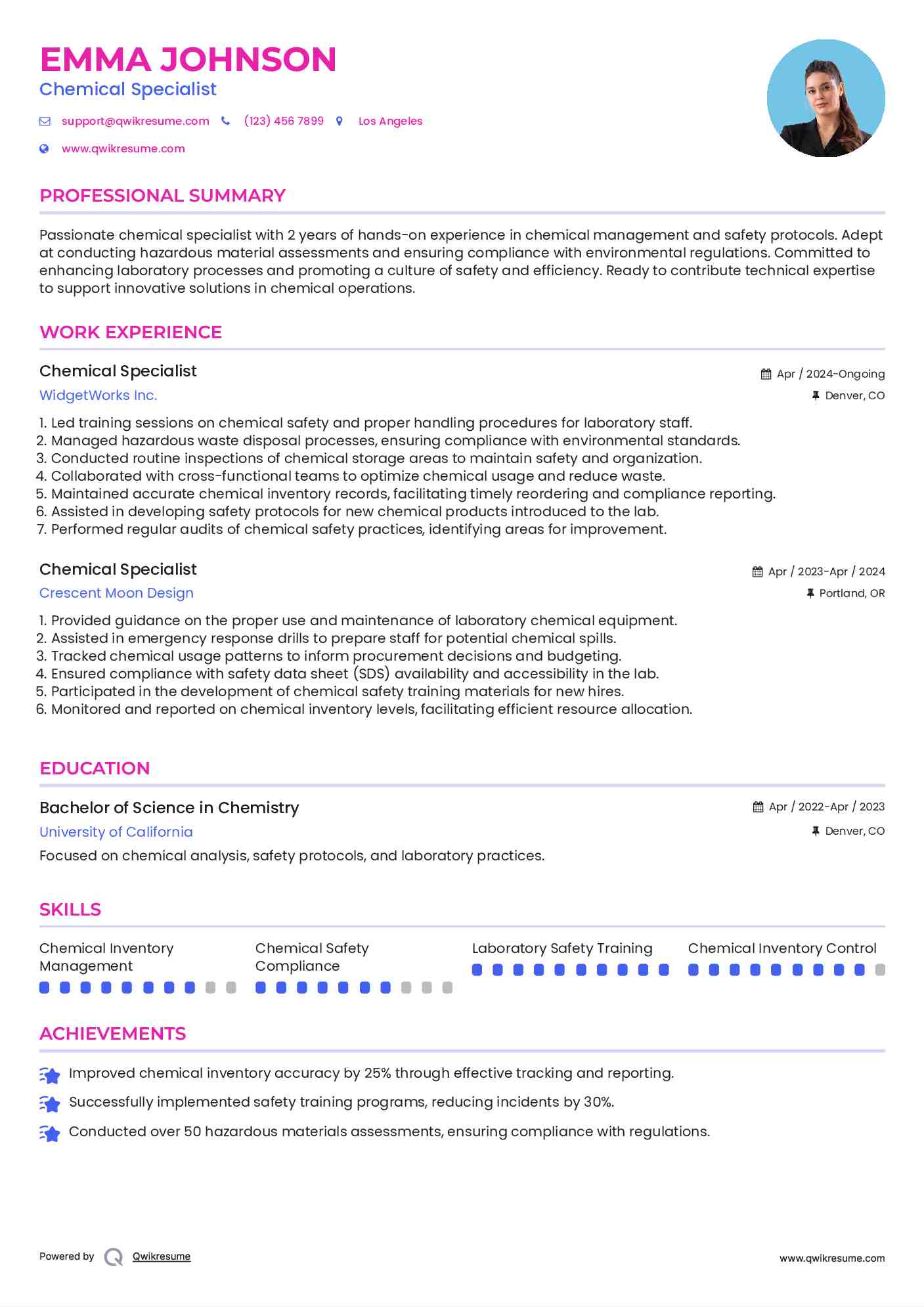 Chemical Specialist Resume Example