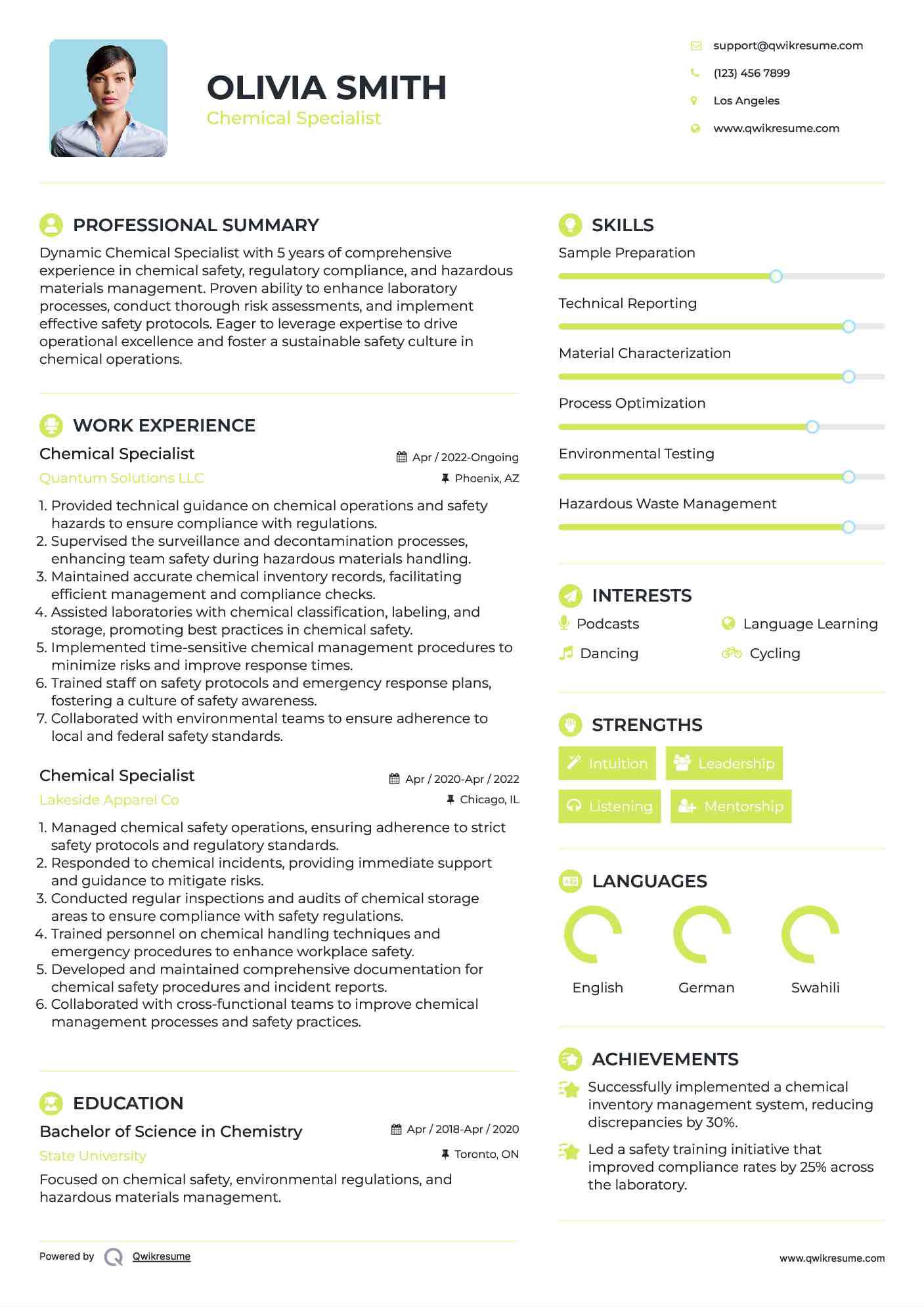 Chemical Specialist Resume Model