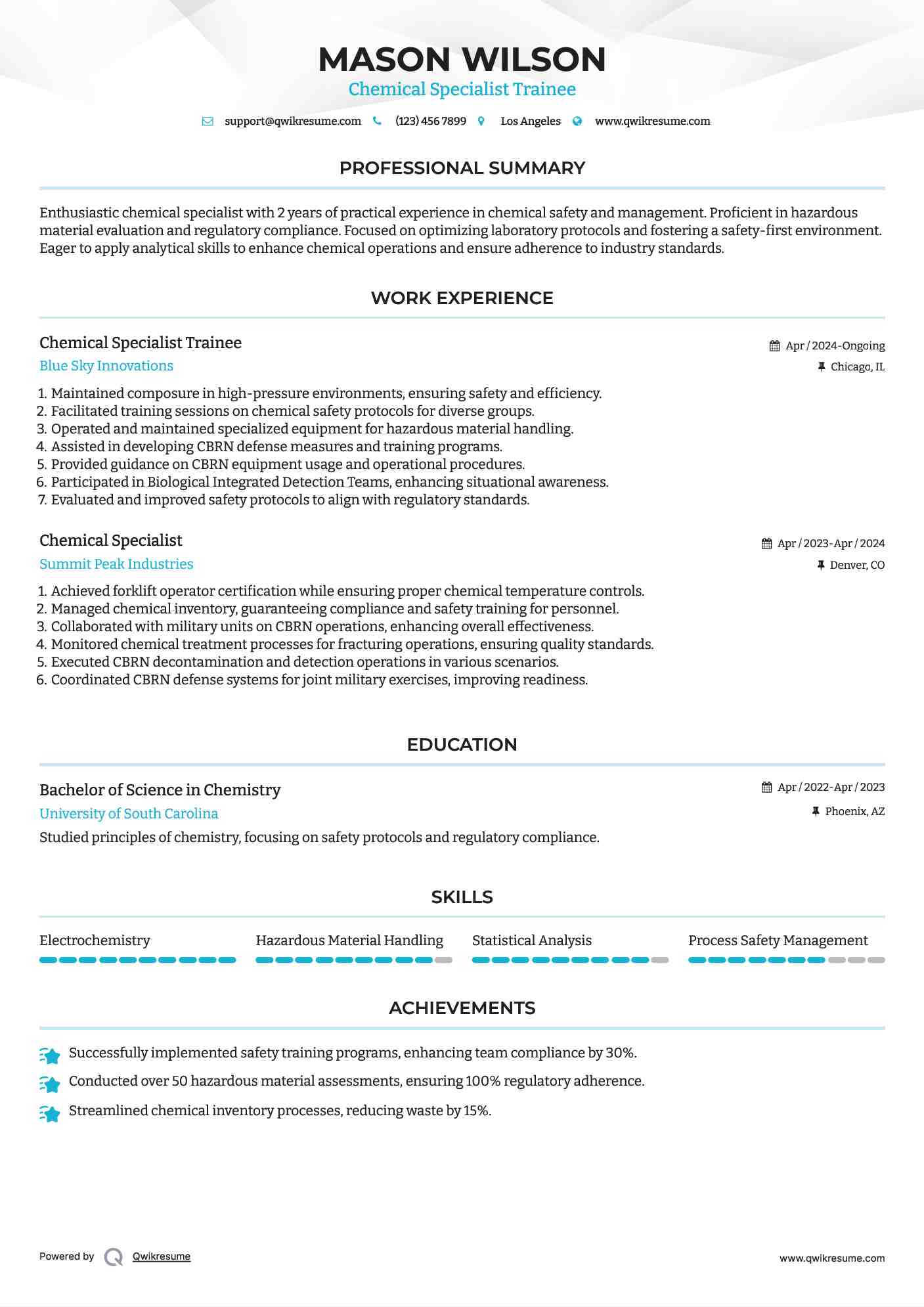 Chemical Specialist Trainee Resume Example