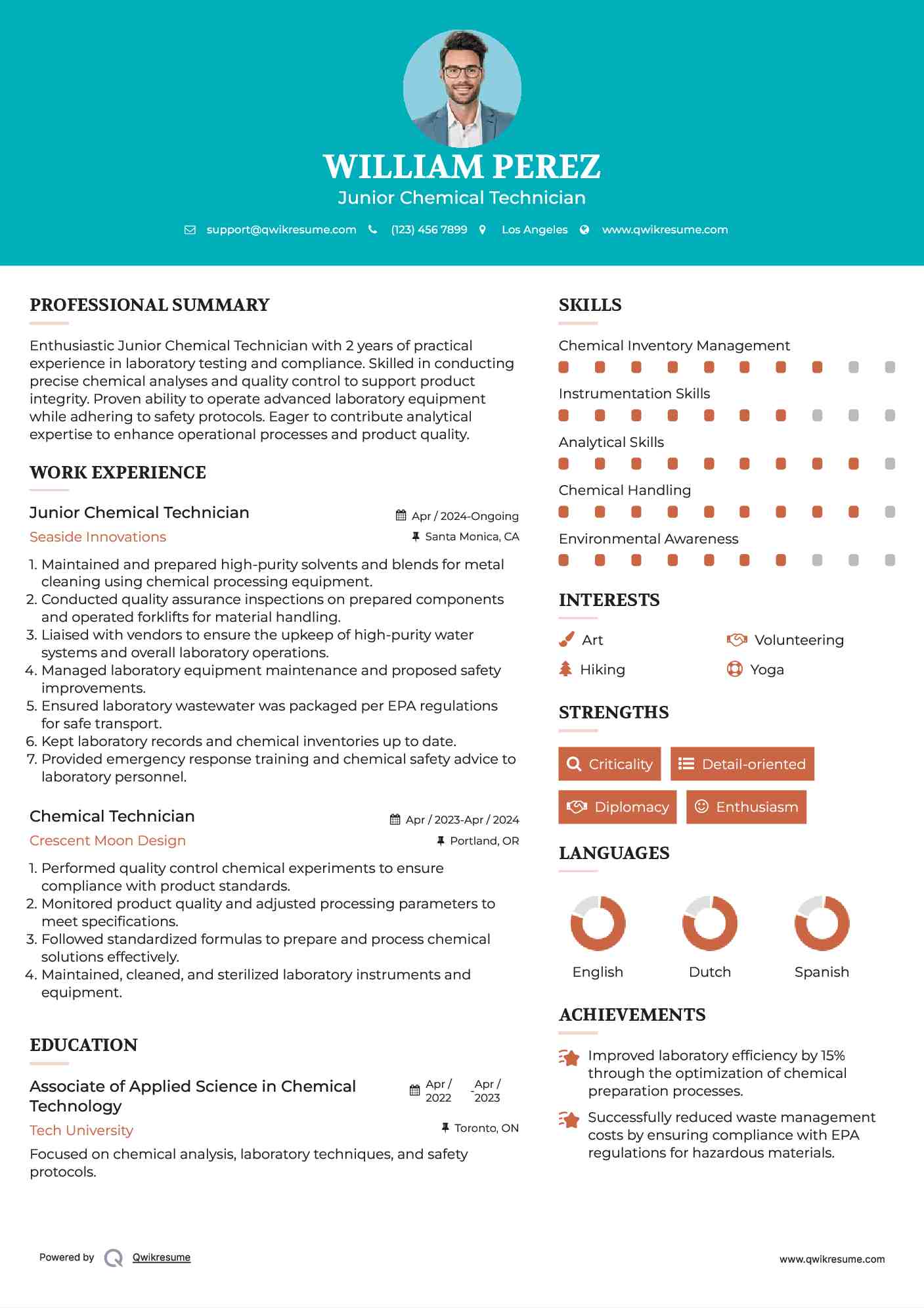 Junior Chemical Technician Resume Template