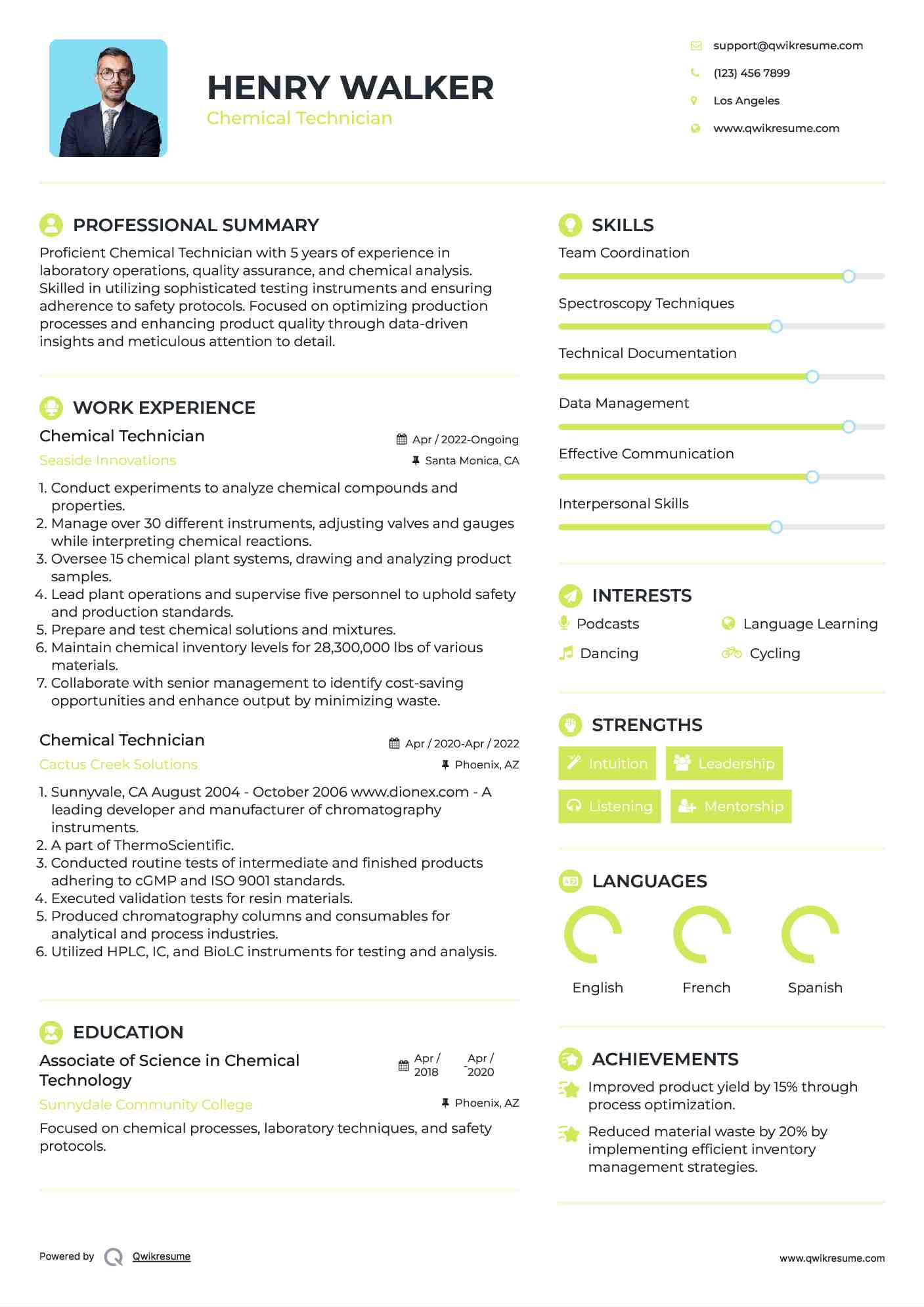 Chemical Technician Resume Model
