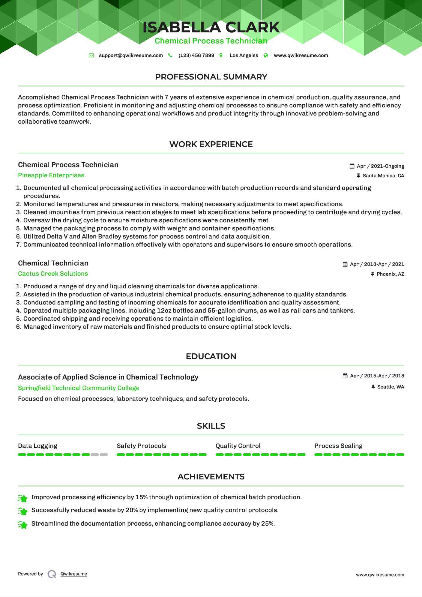 Chemical Process Technician Resume Example