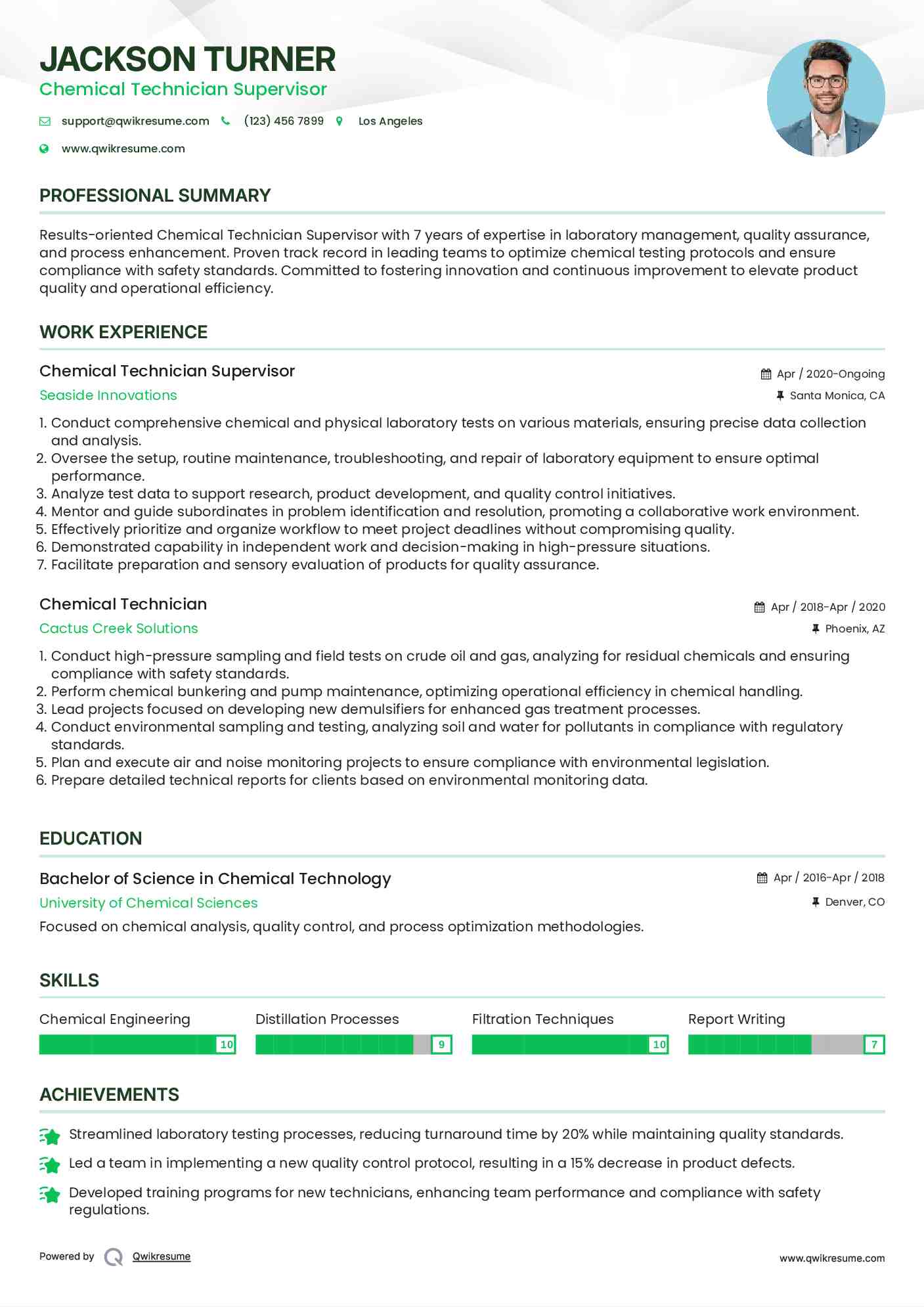 Chemical Technician Supervisor Resume Model