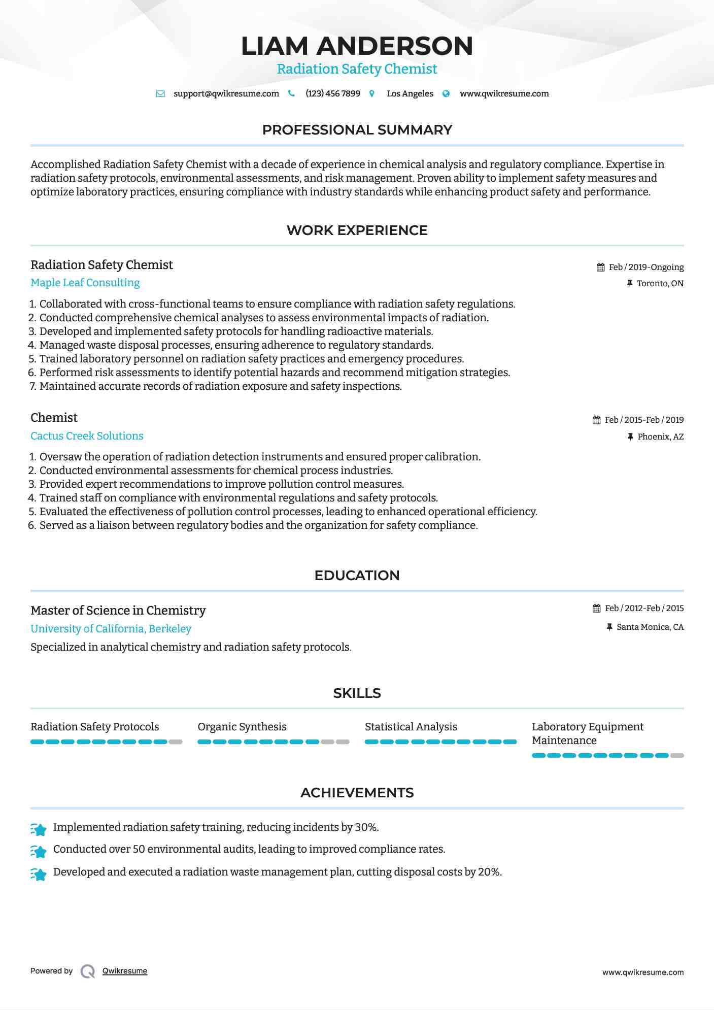 Radiation Safety Chemist Resume Model