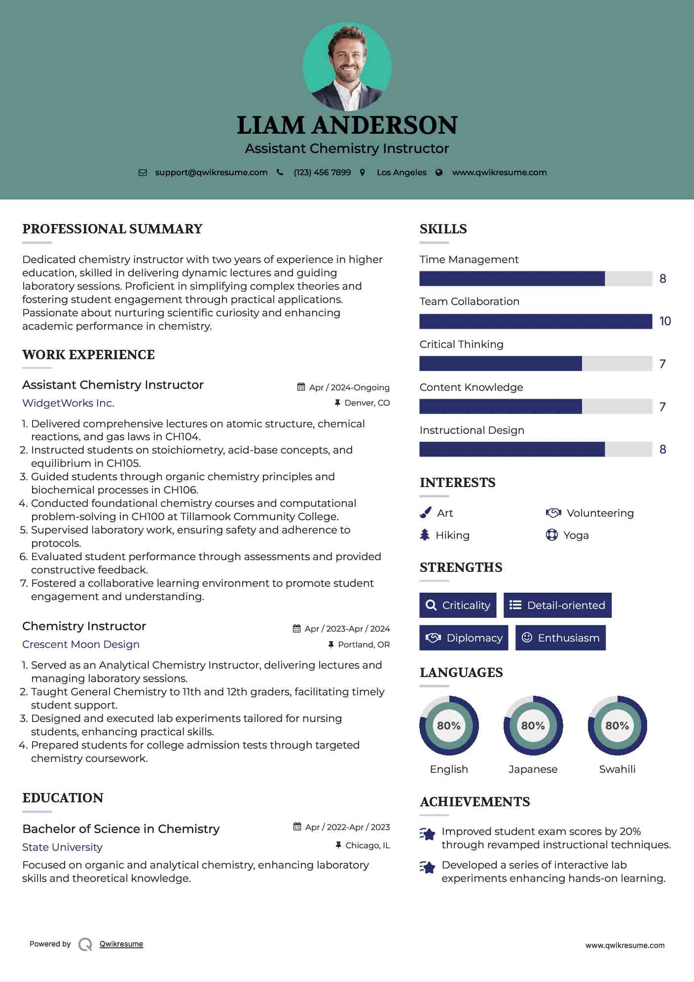 Assistant Chemistry Instructor Resume Example
