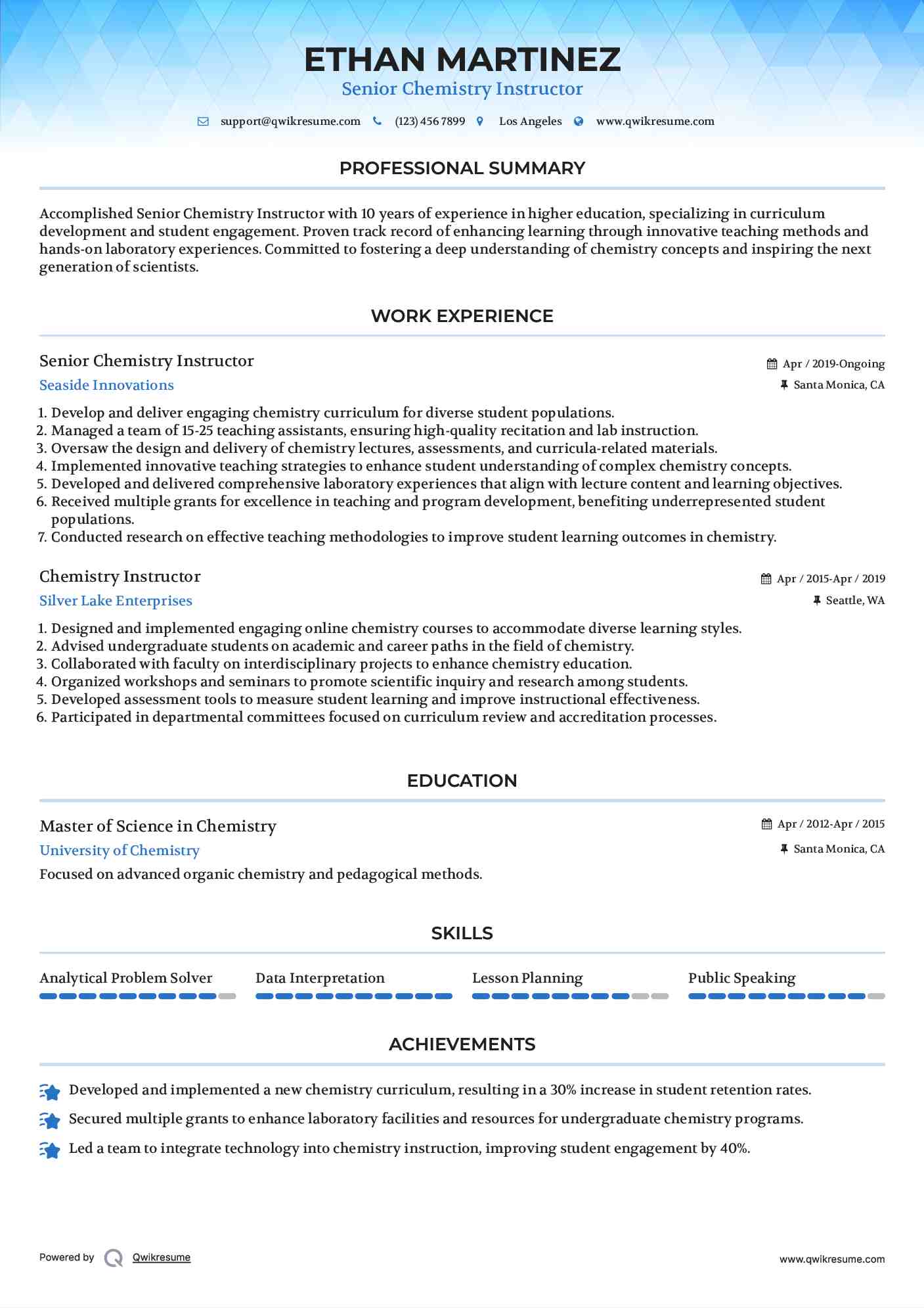Senior Chemistry Instructor Resume Sample
