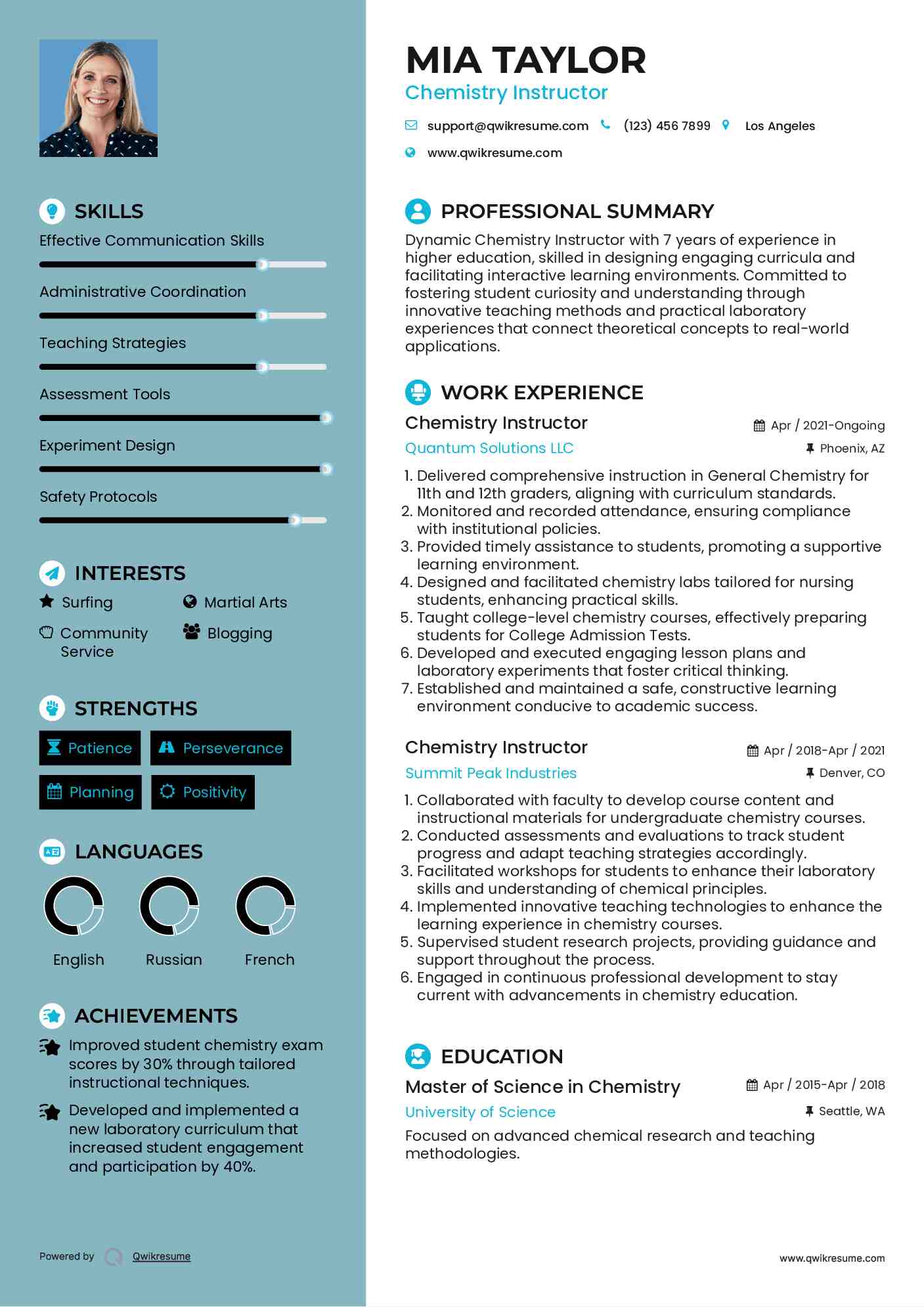 Chemistry Instructor Resume Example