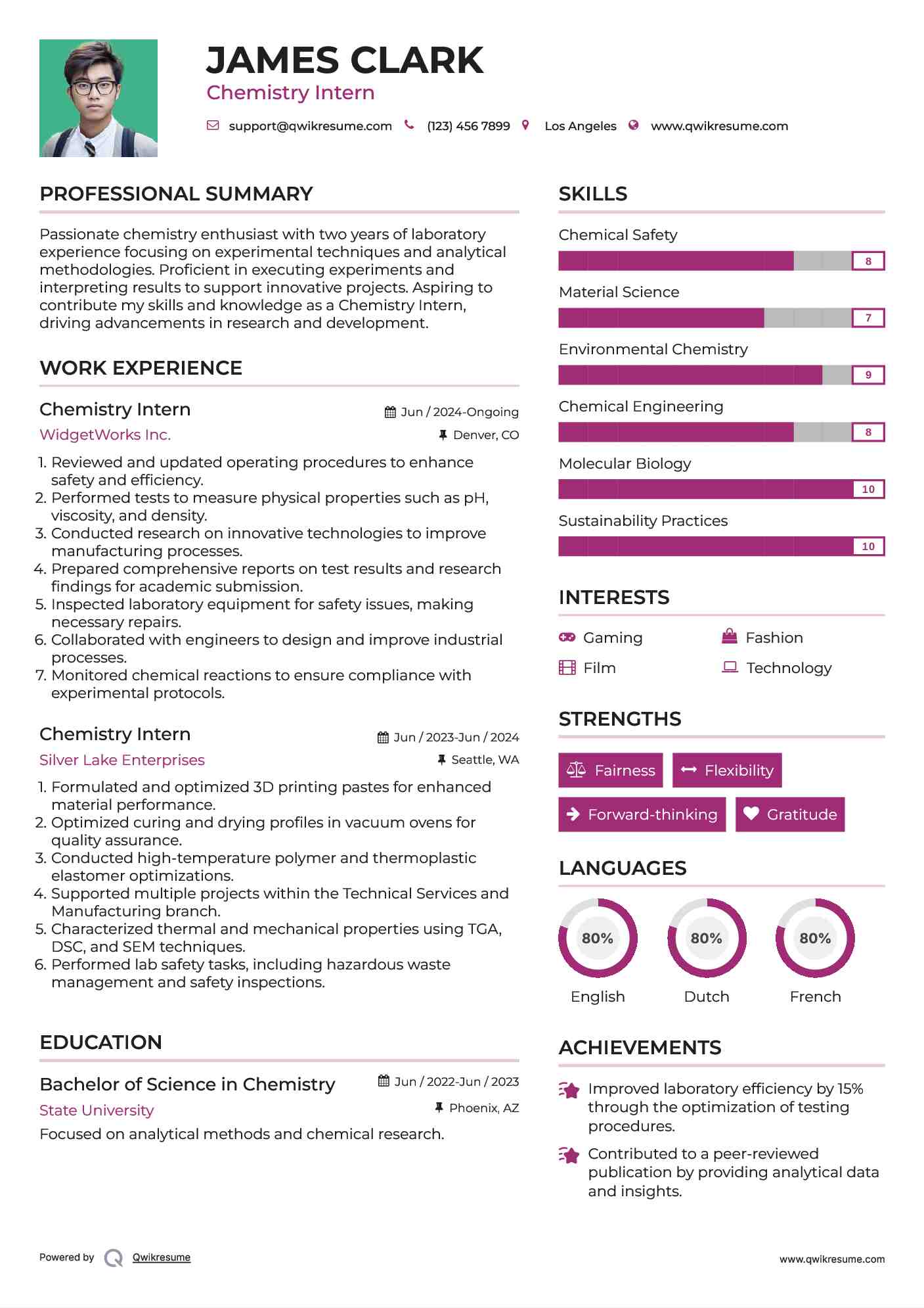 Chemistry Intern Resume Example