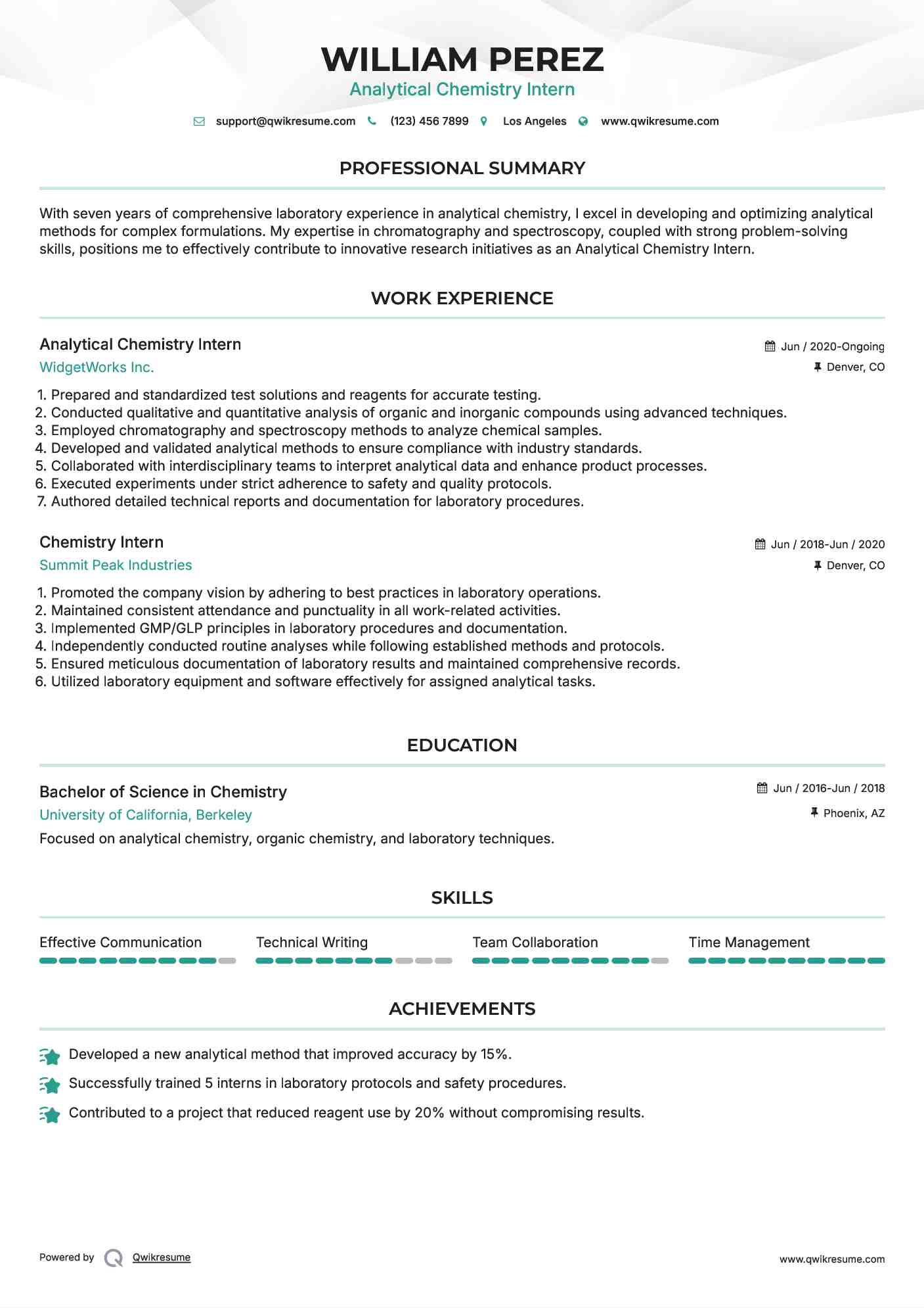 Analytical Chemistry Intern Resume Example