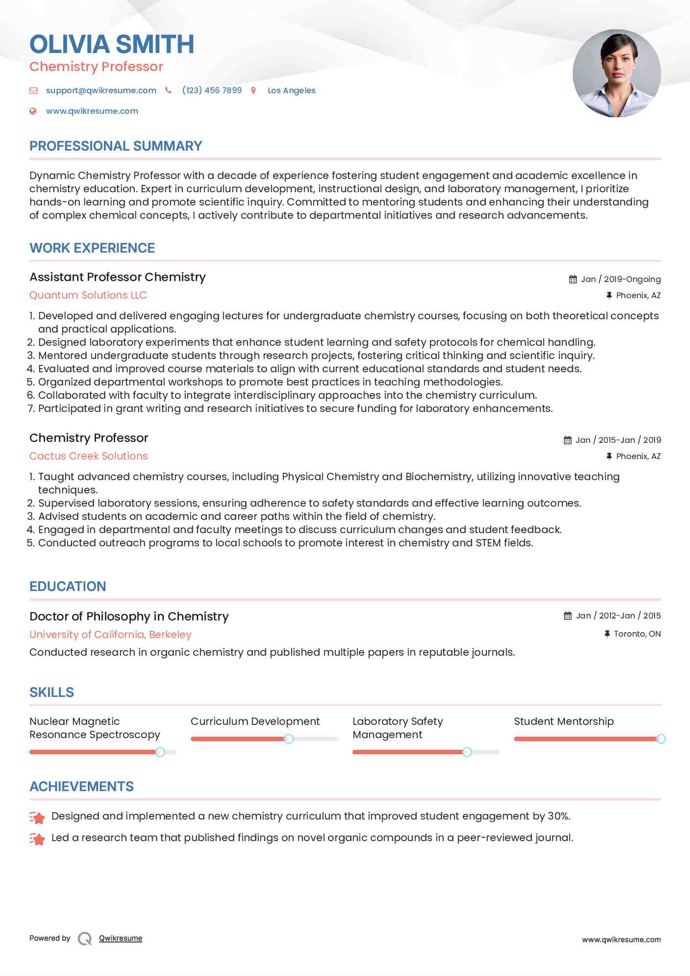 Assistant Professor Chemistry Resume Example