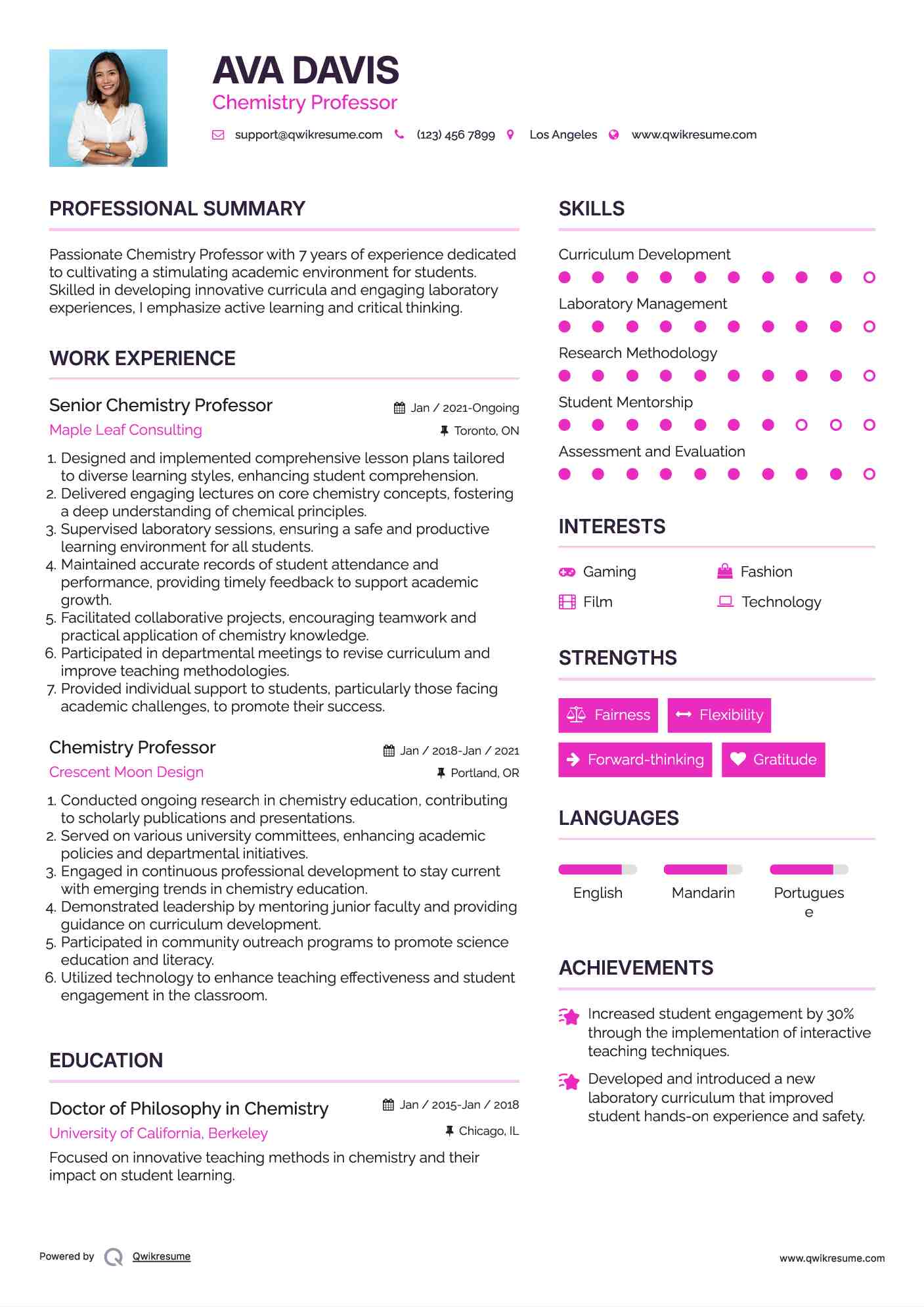 Senior Chemistry Professor Resume Sample