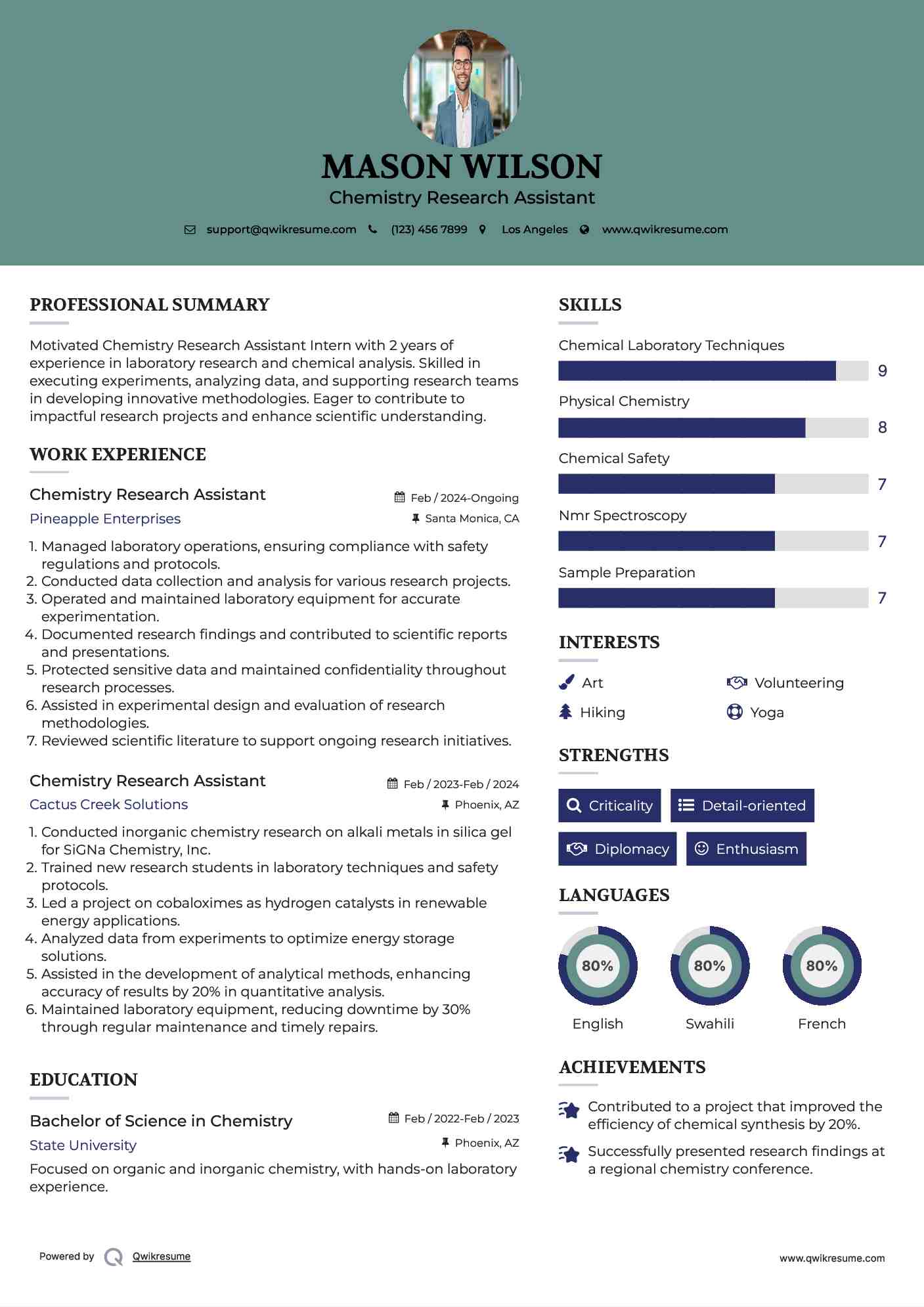 Chemistry Research Assistant Resume Example