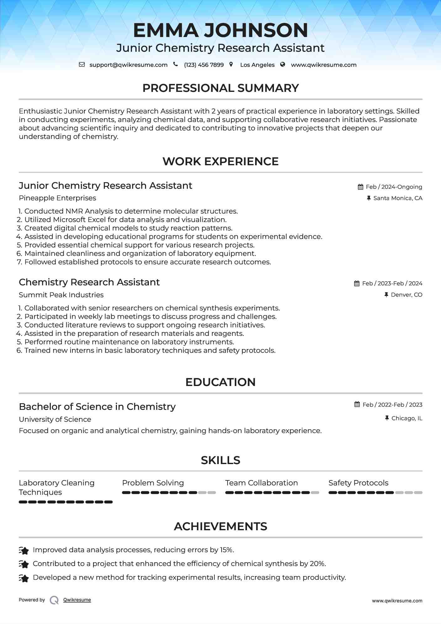 Junior Chemistry Research Assistant Resume Format
