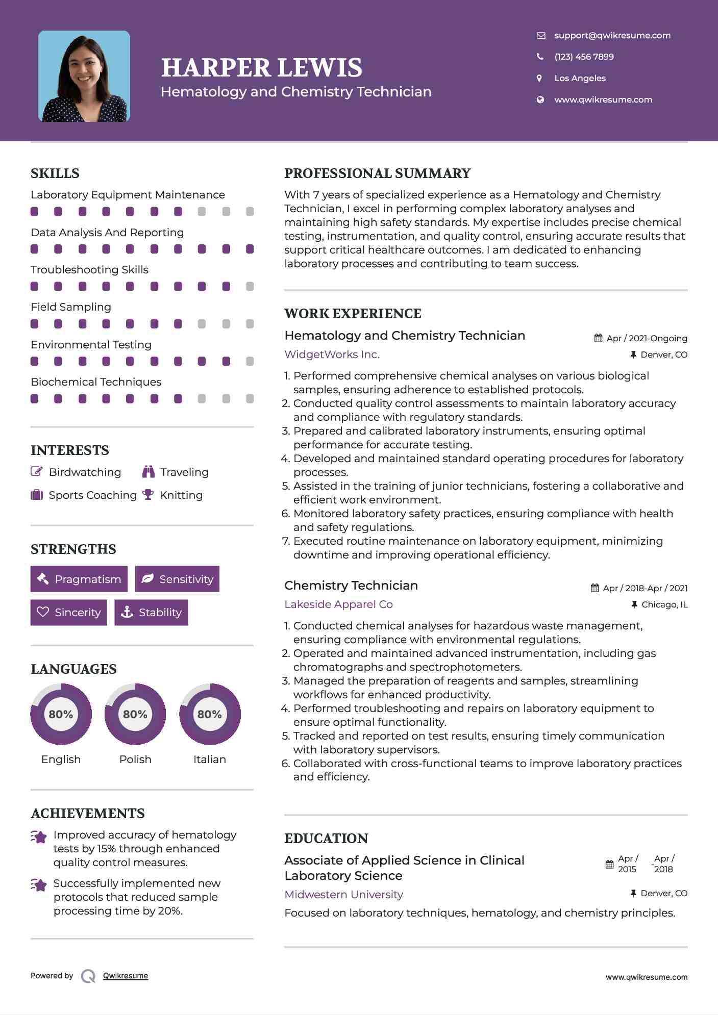 Hematology and Chemistry Technician
 Resume Template