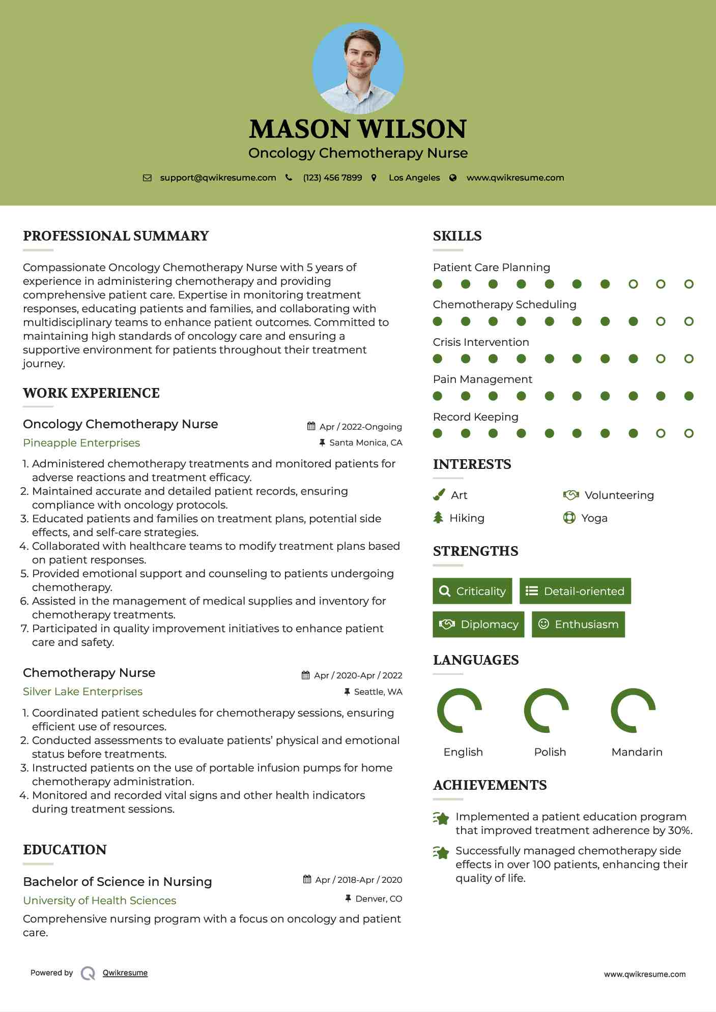 Oncology Chemotherapy Nurse Resume Example