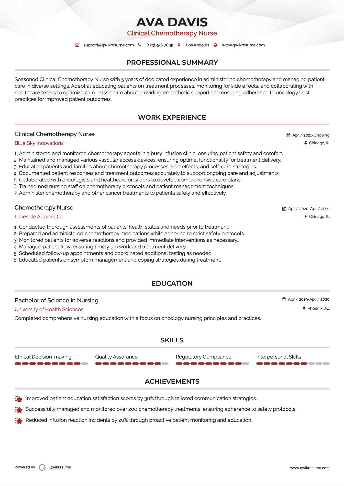 Clinical Chemotherapy Nurse Resume Sample