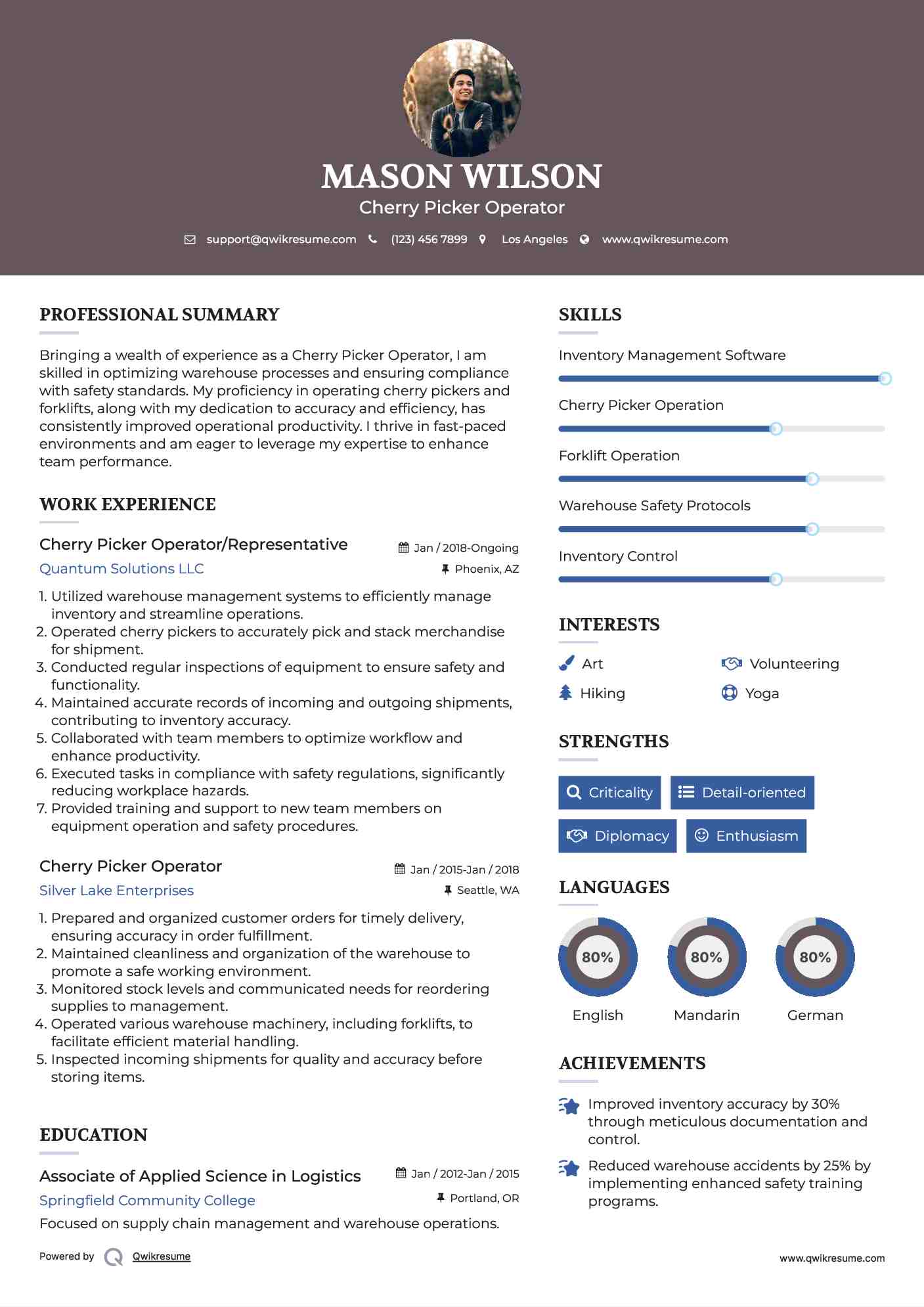 Cherry Picker Operator Resume Samples QwikResume