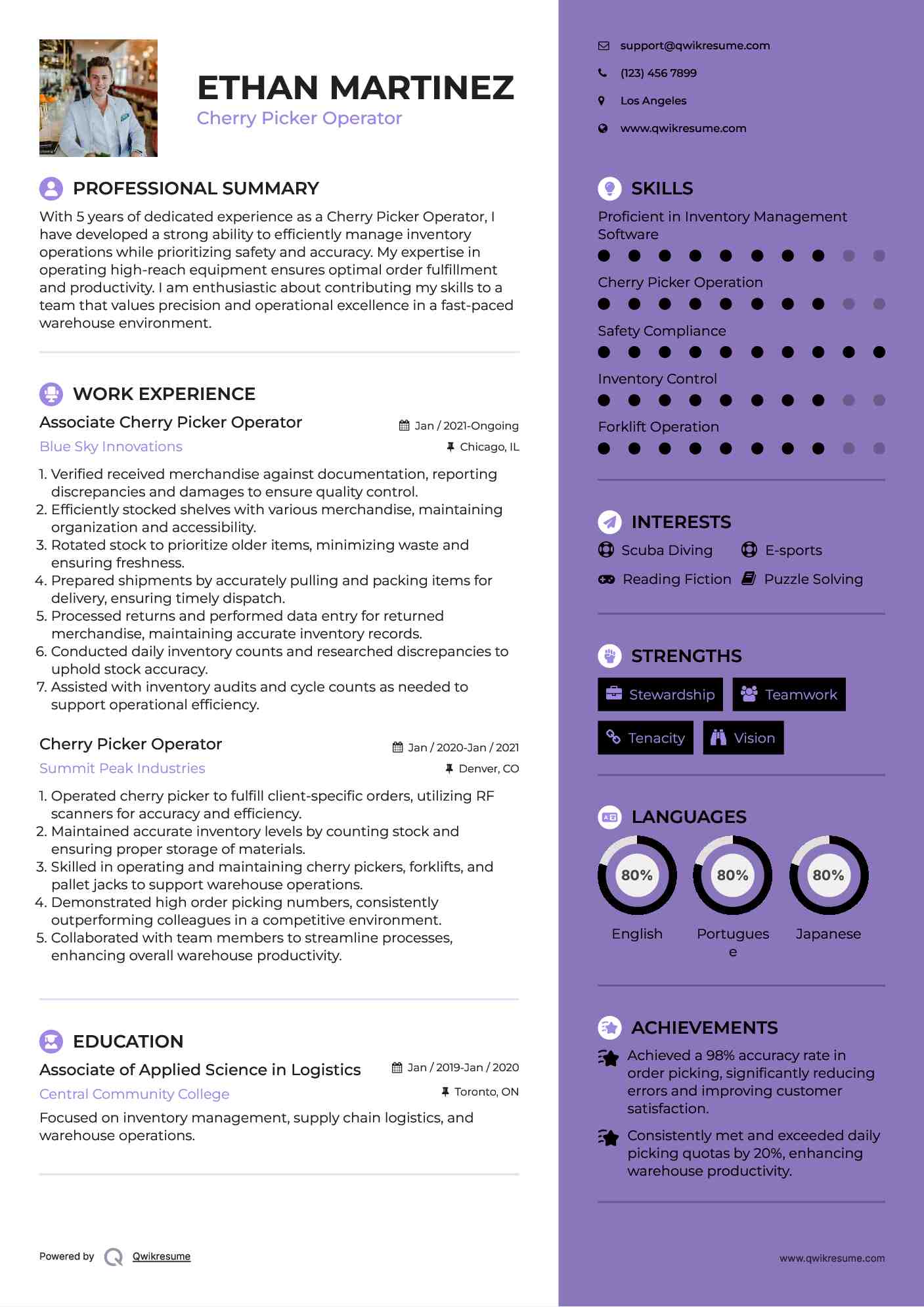 Cherry Picker Operator Resume Samples QwikResume
