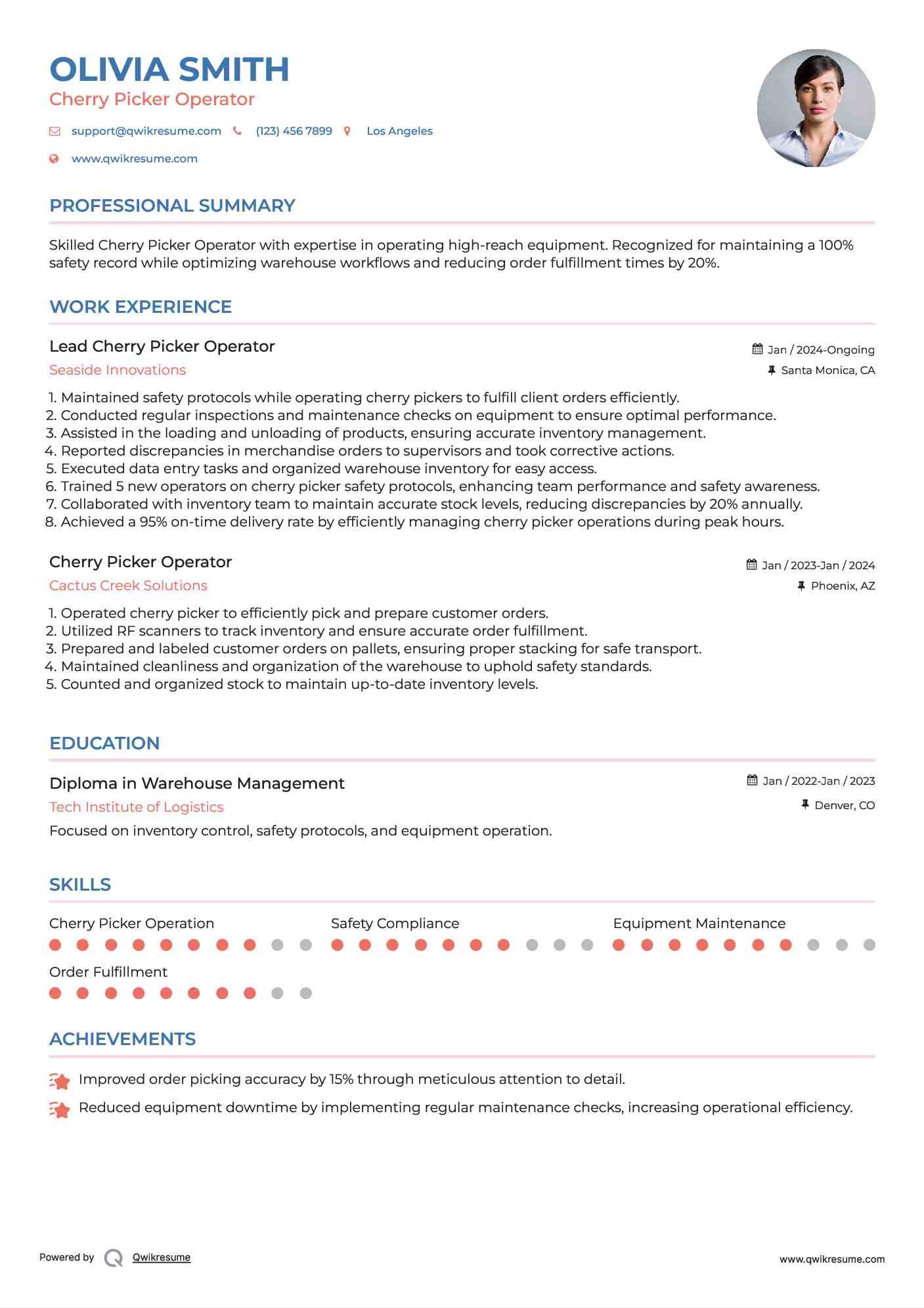 Cherry Picker Operator Resume Samples QwikResume