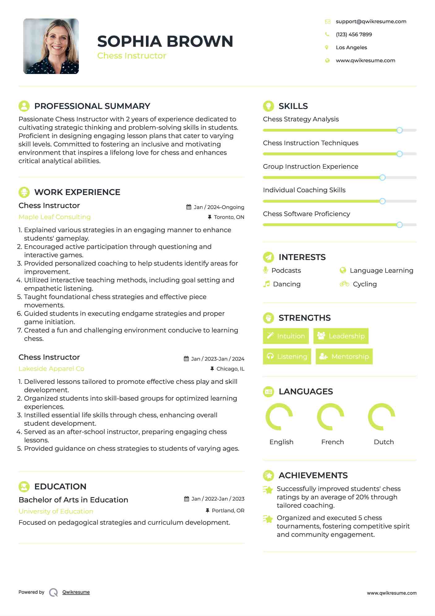 Chess Instructor Resume Model