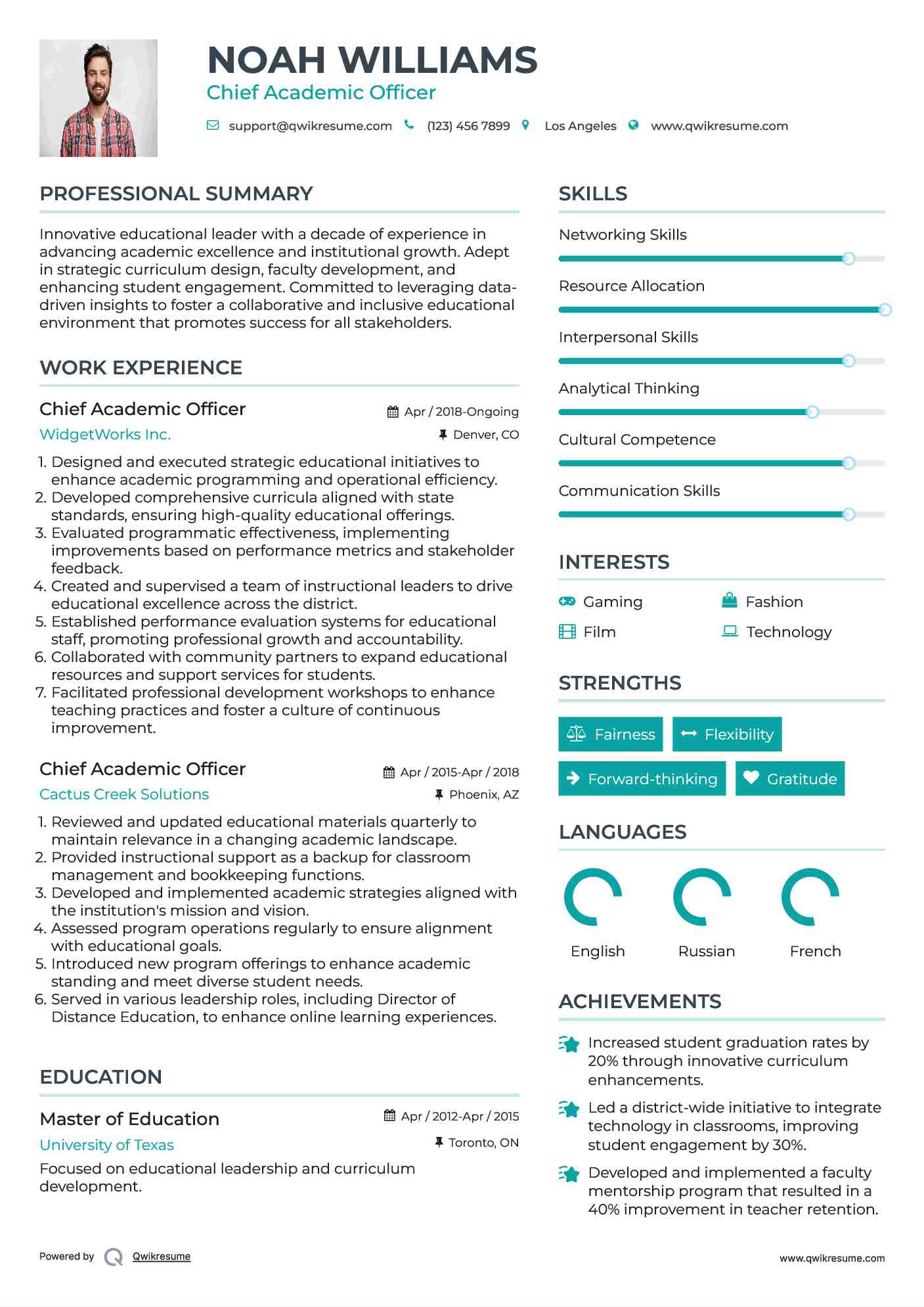 Chief Academic Officer Resume Sample