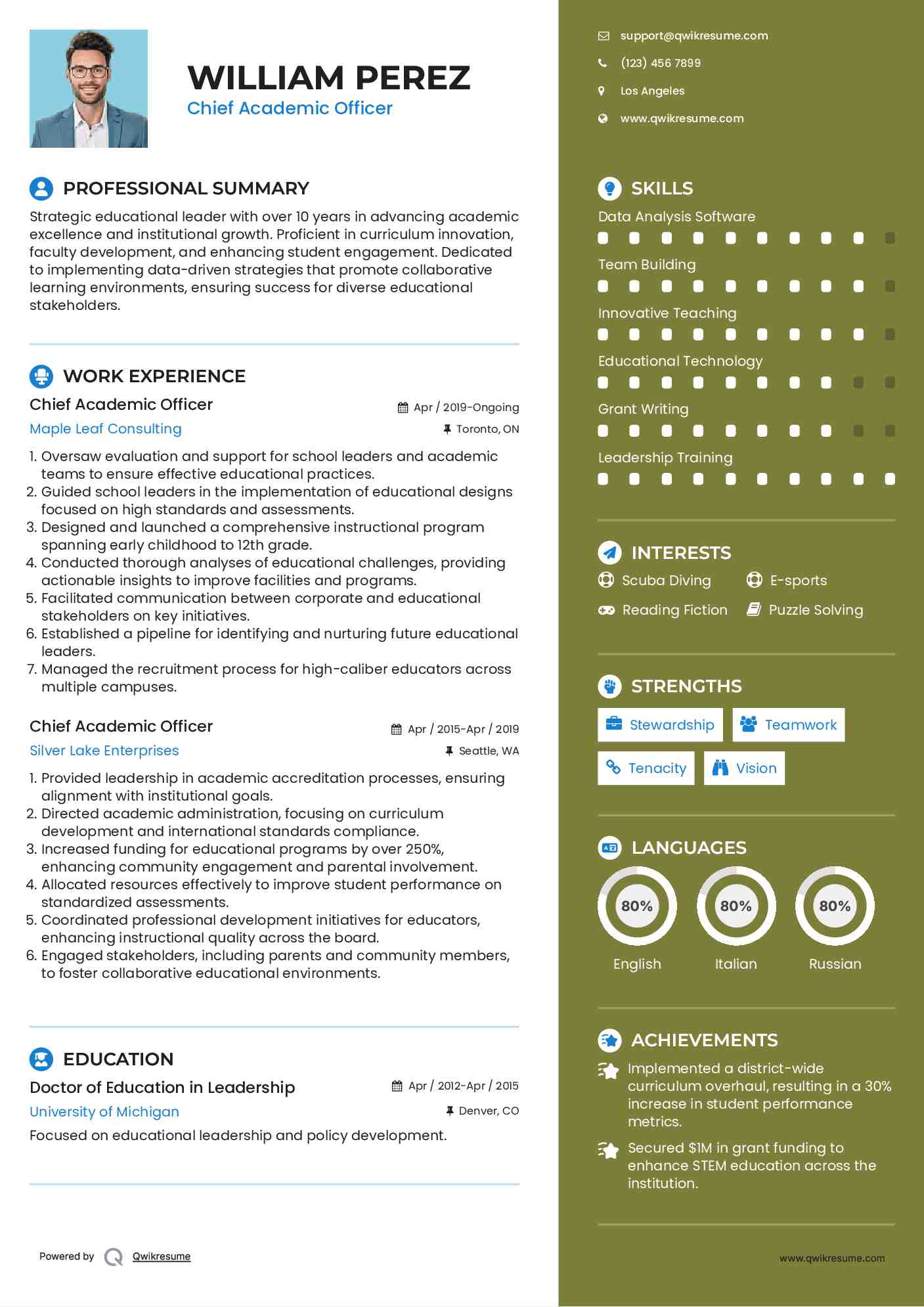 Chief Academic Officer Resume Example