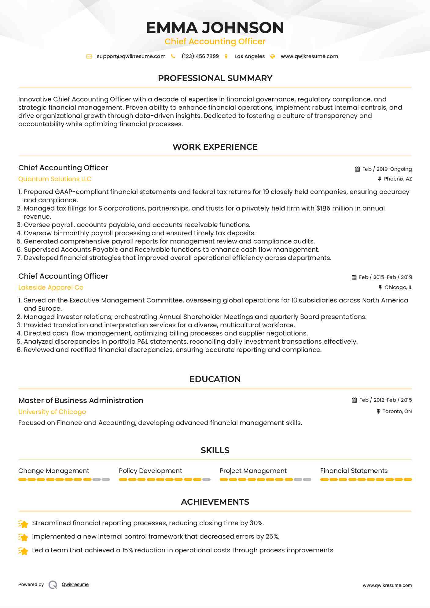 Chief Accounting Officer Resume Sample